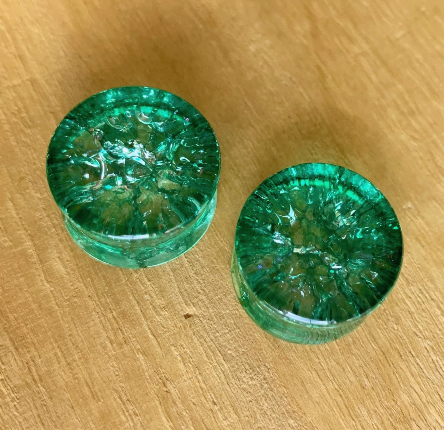 PAIR of Beautiful Green Cracked Glass Double Flare Plugs - Gauges 2g (6mm) through 5/8" (16mm) available!