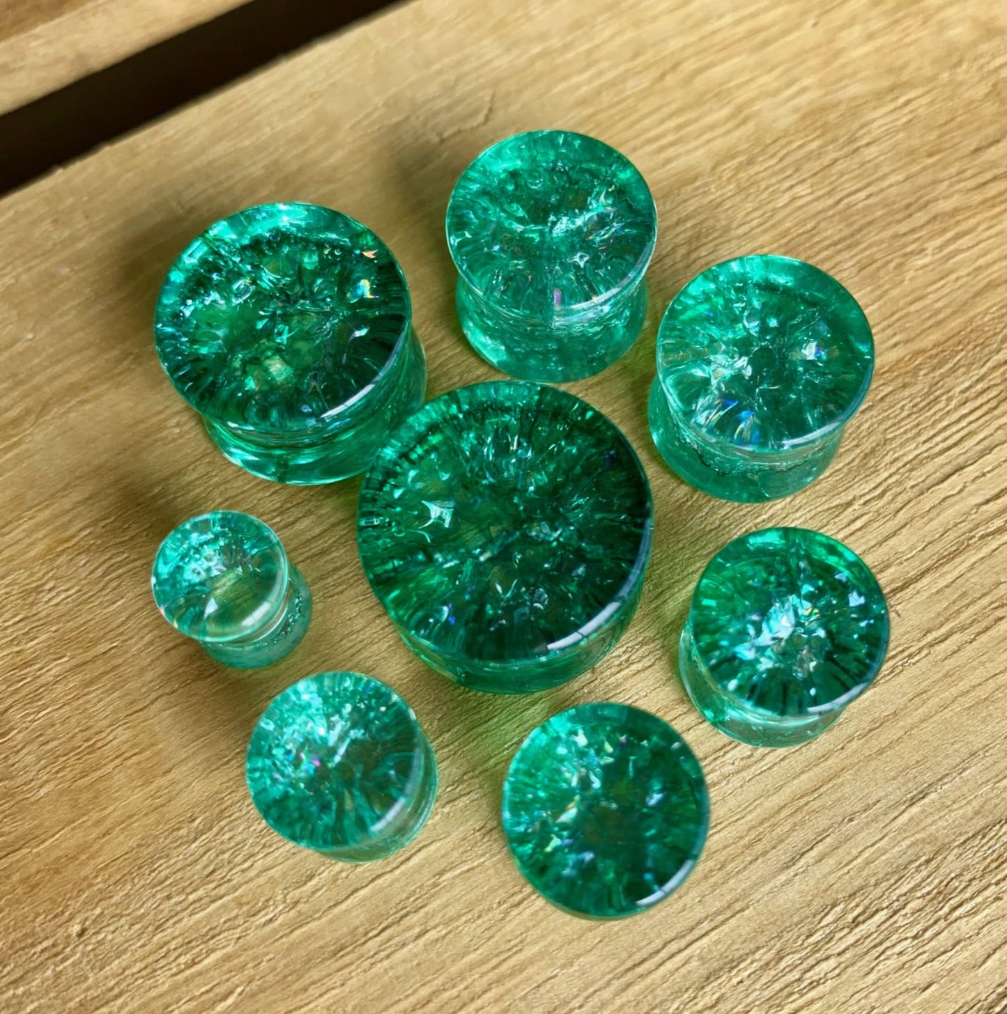 PAIR of Beautiful Green Cracked Glass Double Flare Plugs - Gauges 2g (6mm) through 5/8" (16mm) available!