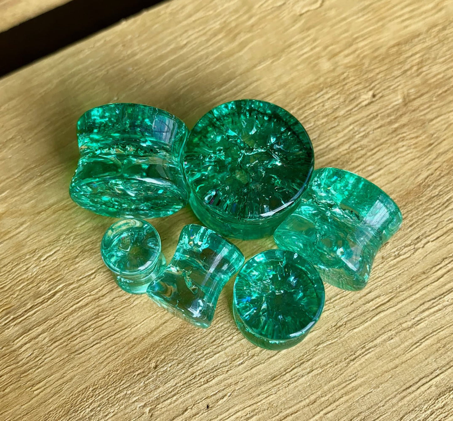 PAIR of Beautiful Green Cracked Glass Double Flare Plugs - Gauges 2g (6mm) through 5/8" (16mm) available!