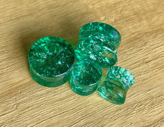 PAIR of Beautiful Green Cracked Glass Double Flare Plugs - Gauges 2g (6mm) through 5/8" (16mm) available!