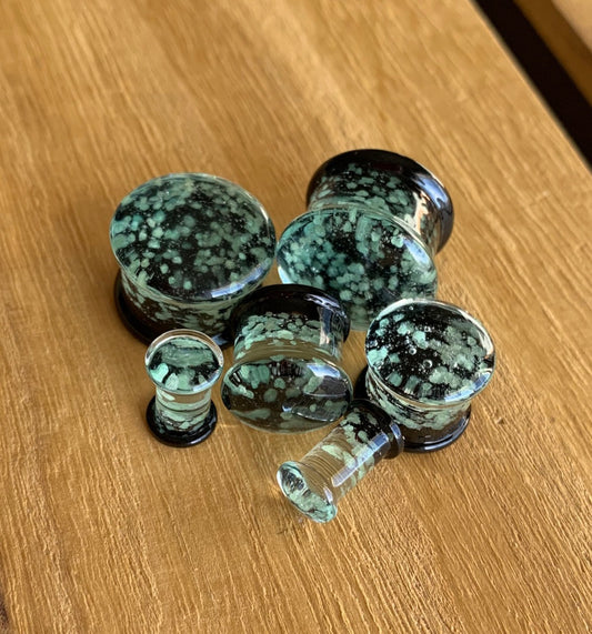 PAIR of Stunning Glow in the Dark Sparkle Pyrex Glass Double Flare Plugs - Gauges 2g (6mm) through 5/8" (16mm) available!