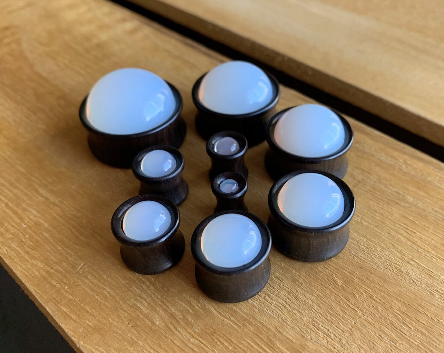 PAIR of Beautiful Opalite Stone Dome Ebony Organic Wood Plugs - Gauges 2g (6mm) to 1" (25mm) available!