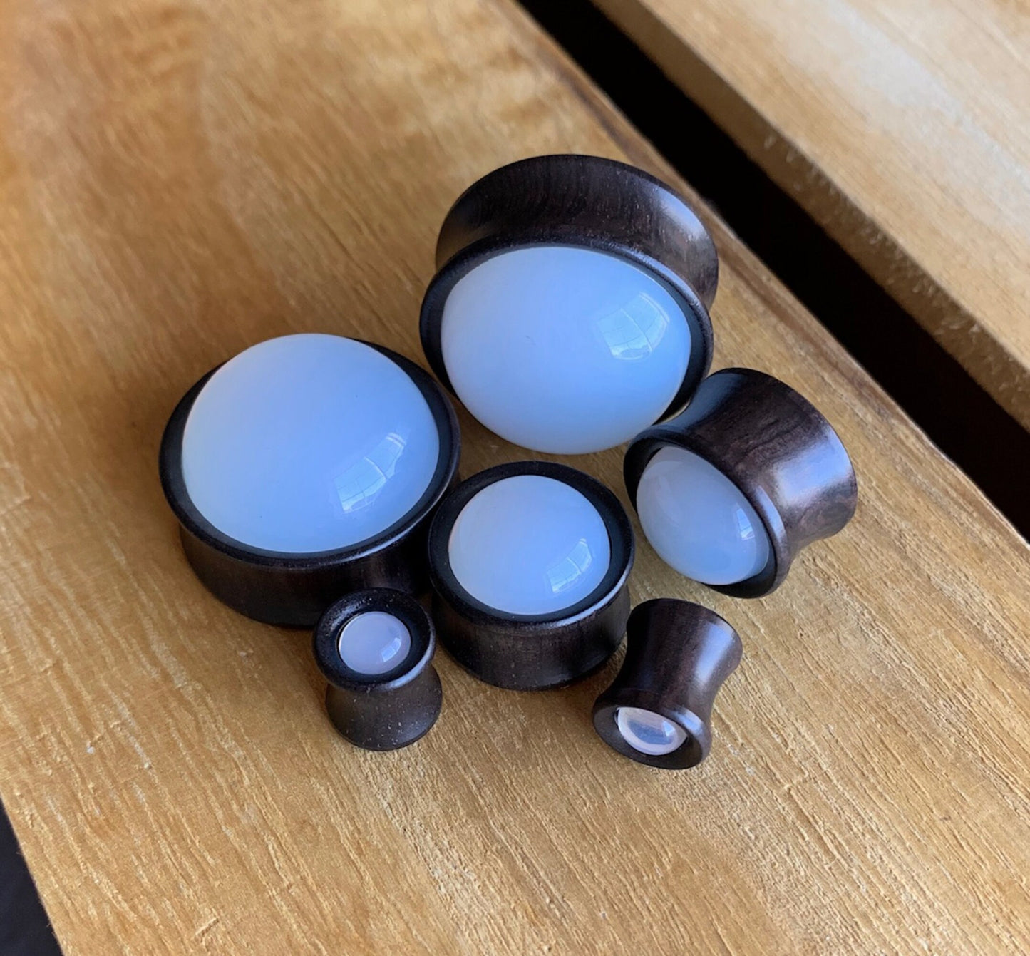 PAIR of Beautiful Opalite Stone Dome Ebony Organic Wood Plugs - Gauges 2g (6mm) to 1" (25mm) available!