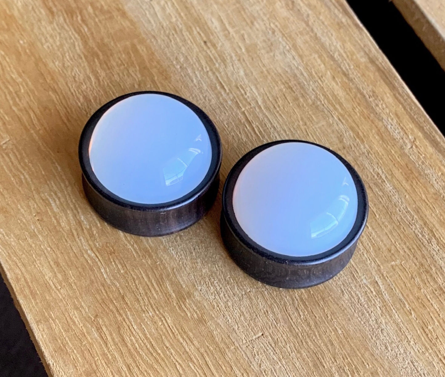 PAIR of Beautiful Opalite Stone Dome Ebony Organic Wood Plugs - Gauges 2g (6mm) to 1" (25mm) available!