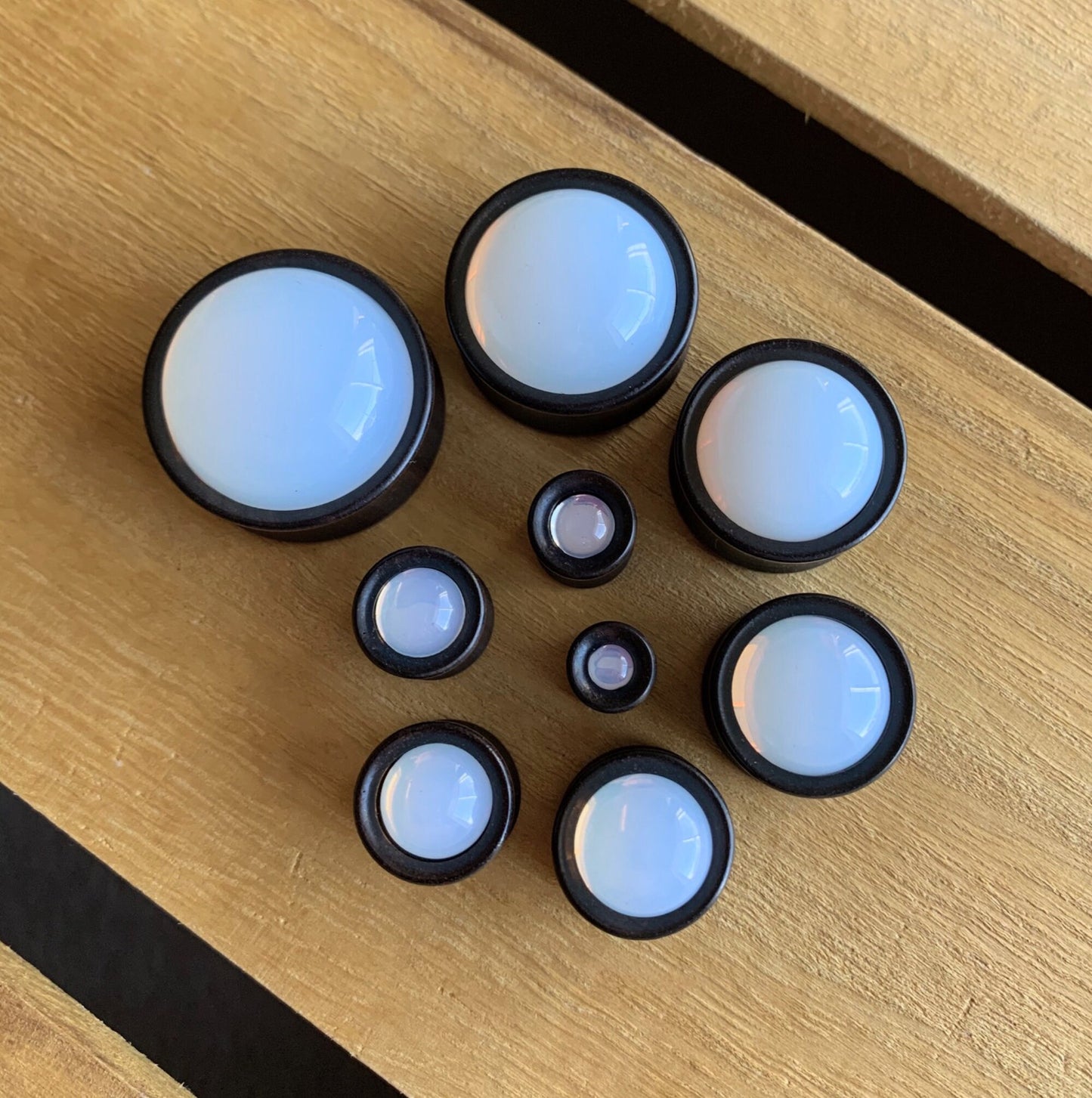 PAIR of Beautiful Opalite Stone Dome Ebony Organic Wood Plugs - Gauges 2g (6mm) to 1" (25mm) available!