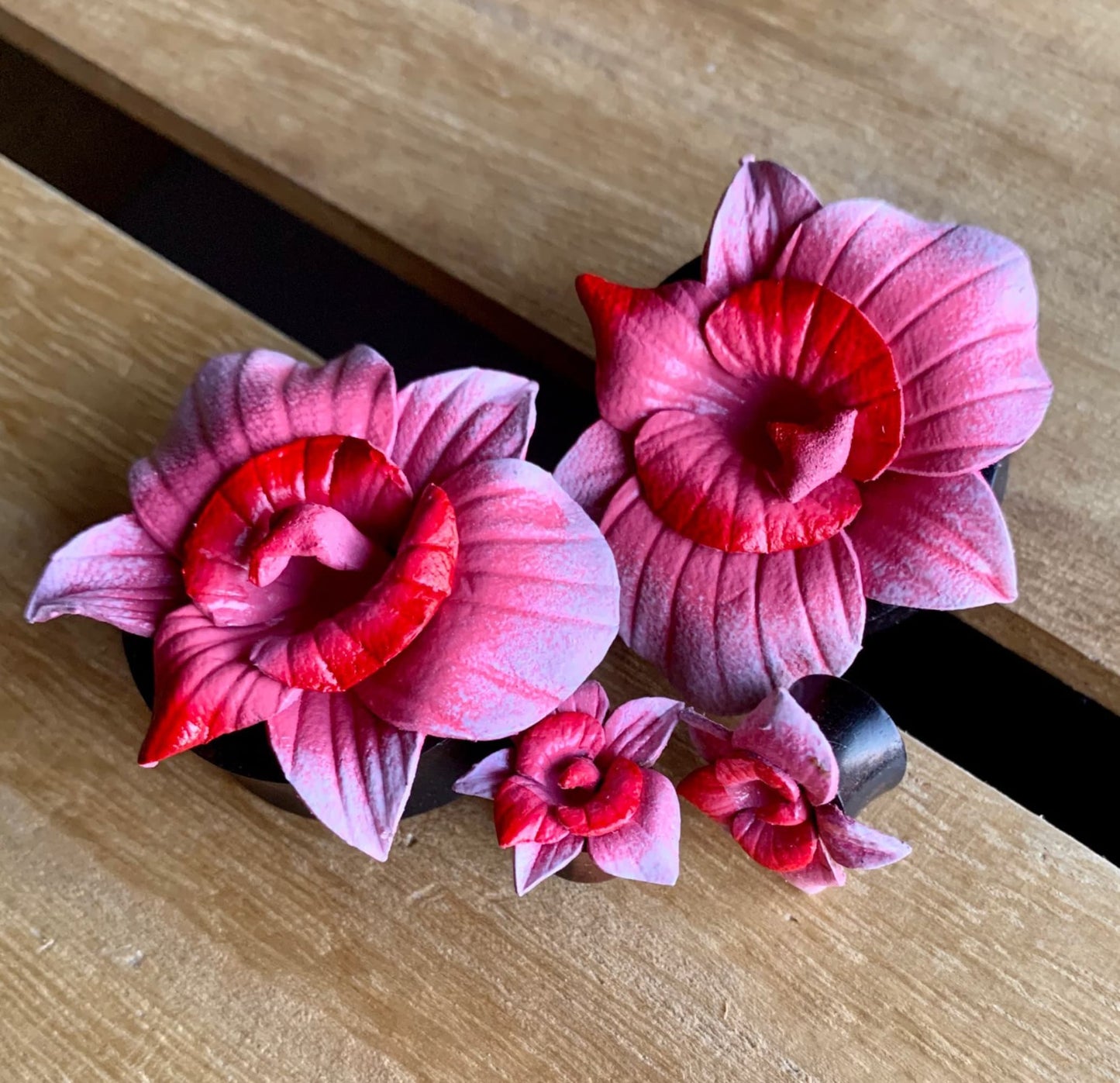 PAIR of Unique Pink Magnolia Leather Flower with Horn Plugs - Gauges 0g (8mm) up to 1&1/4" (32mm) available!