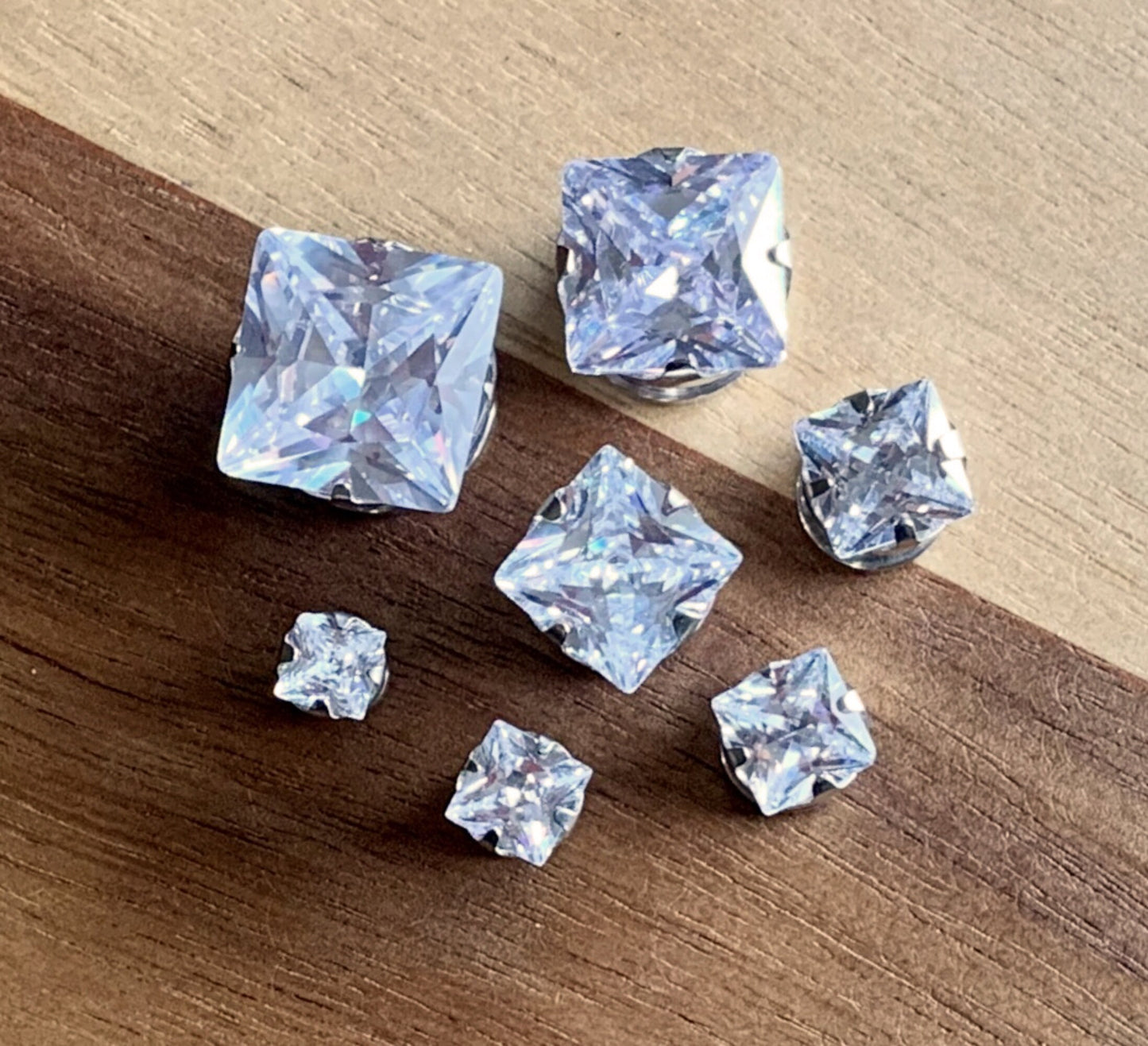 PAIR of Stunning Large Square CZ Gem Steel Screw Fit Tunnels/Plugs - Gauges 8g (3.2mm) thru 1/2" (12mm) available!