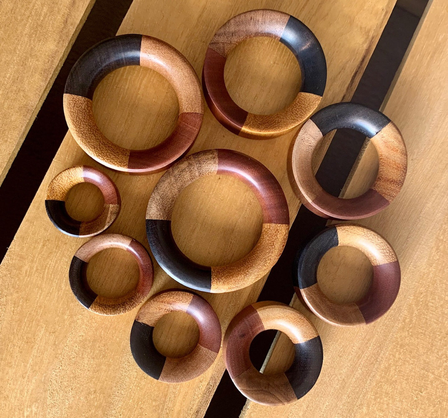 PAIR of Unique Organic Concave Sawo, Jackfruit, Areng, Teak Quarters Wood Tunnels - Gauges 1" (25mm) thru 2" (52mm) available!