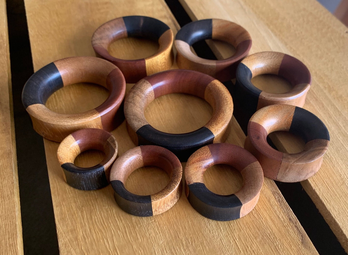PAIR of Unique Organic Concave Sawo, Jackfruit, Areng, Teak Quarters Wood Tunnels - Gauges 1" (25mm) thru 2" (52mm) available!
