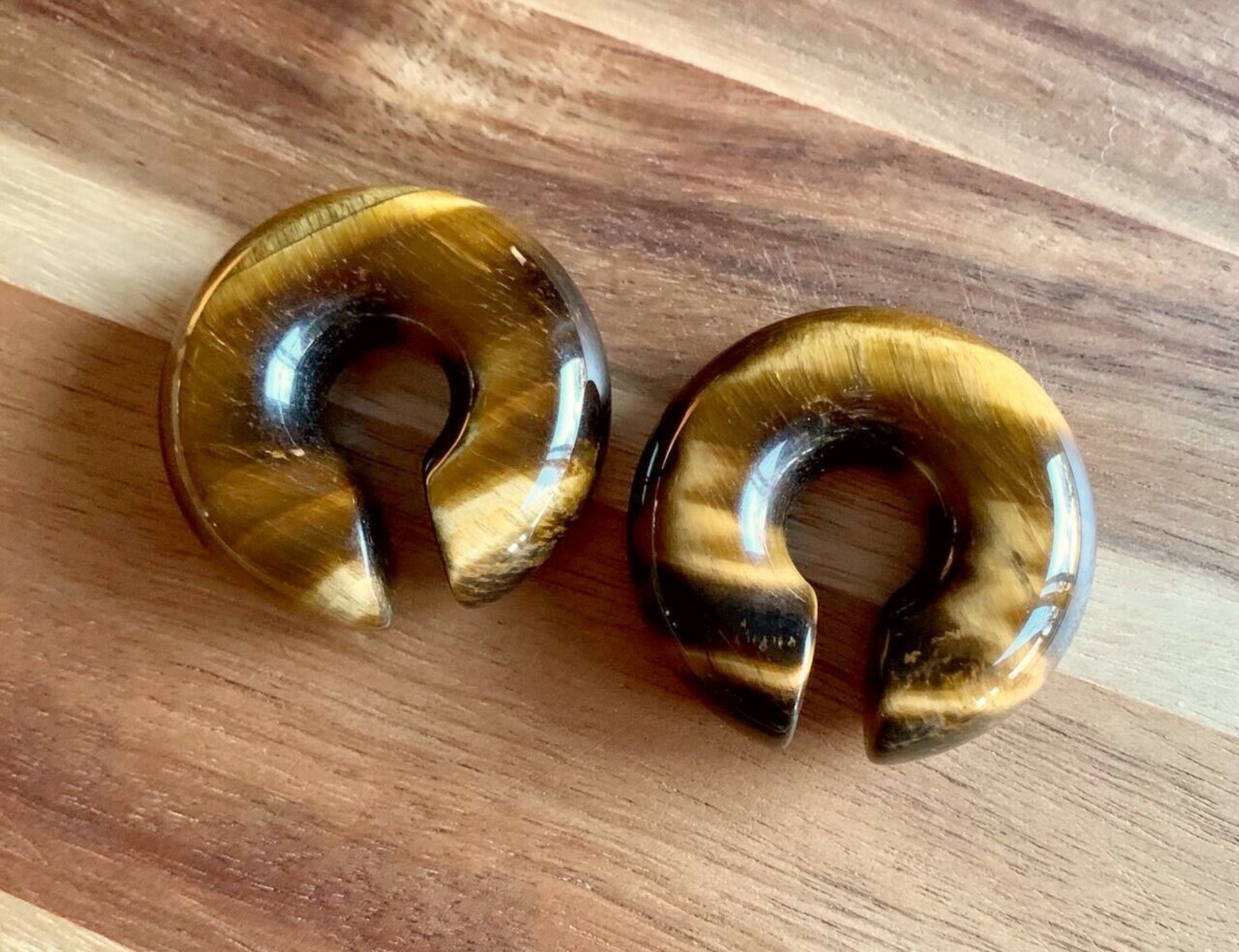 PAIR of Unique Organic Tiger Eye Stone Hoops Ear Weight Hanging Plugs - Gauges 2g (6mm) up to 5/8" (16mm) available!