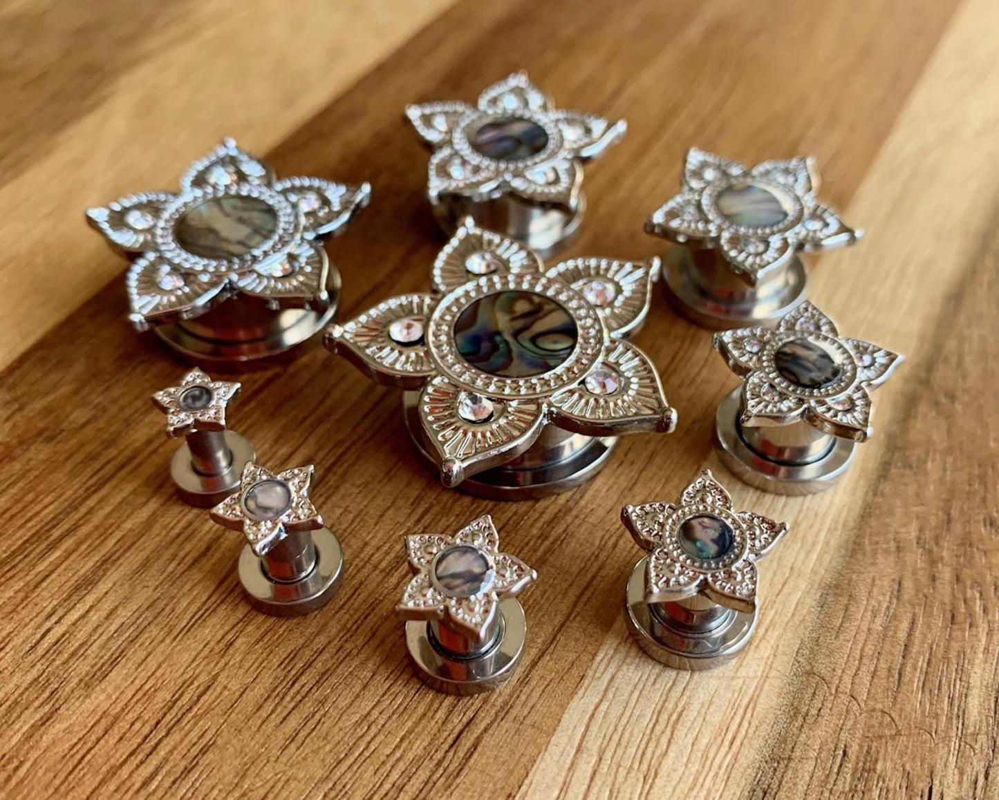 PAIR of Stunning Abalone Centered Tribal Flower Screw Fit Tunnels/Plugs - Gauges 8g (3.2mm) thru 5/8" (16mm) available!