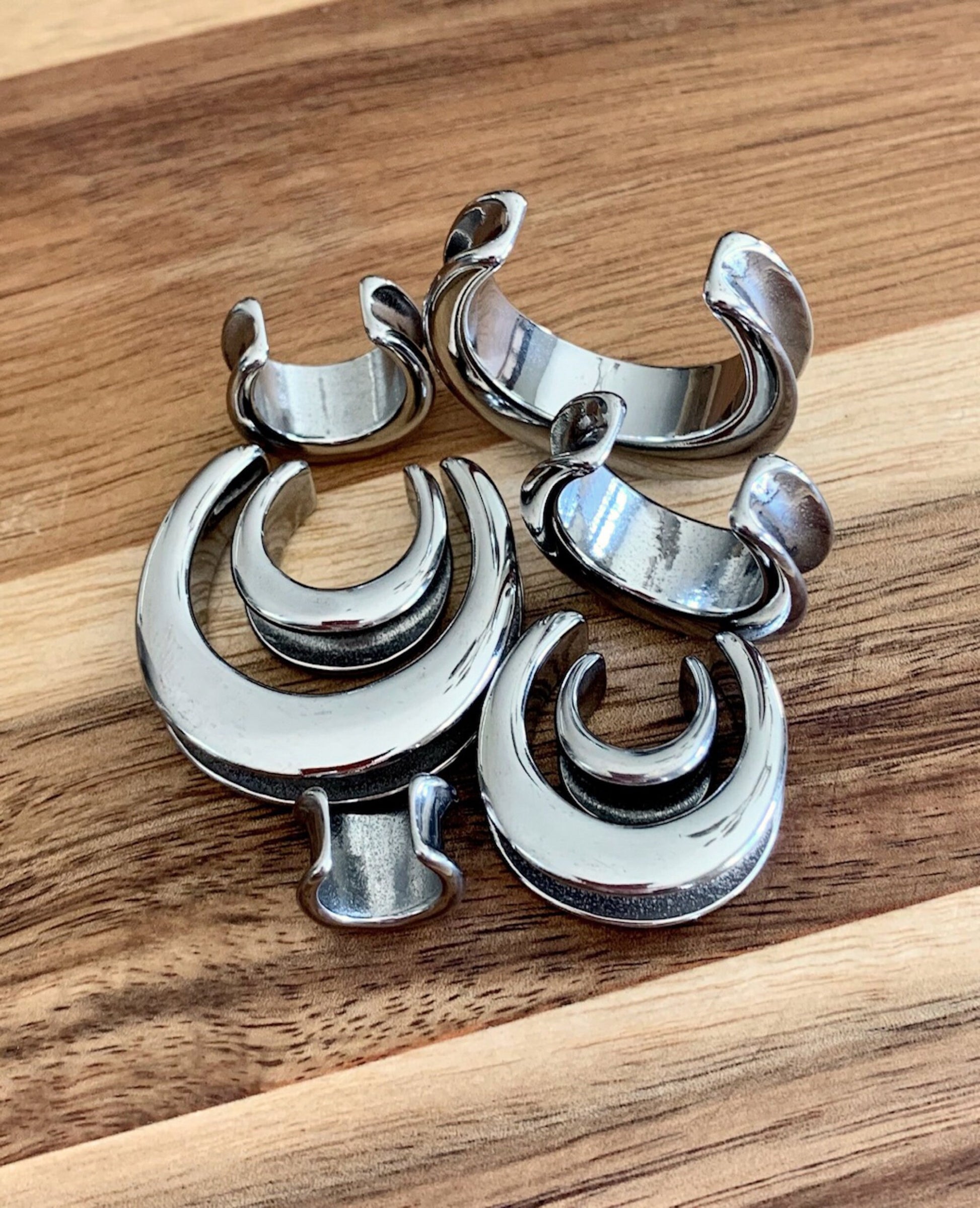 PAIR of Unique Saddle Surgical Steel Ear Spreaders Silver Hanger-Tunnels/Plugs - Gauges 00g (10mm) thru 1" (25mm) available!