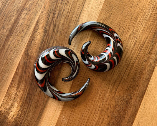 PAIR of Stunning Red, Black & White Swirl Glass Spiral Tapers - Gauges 4g (5mm) thru 5/8" (16mm) available!