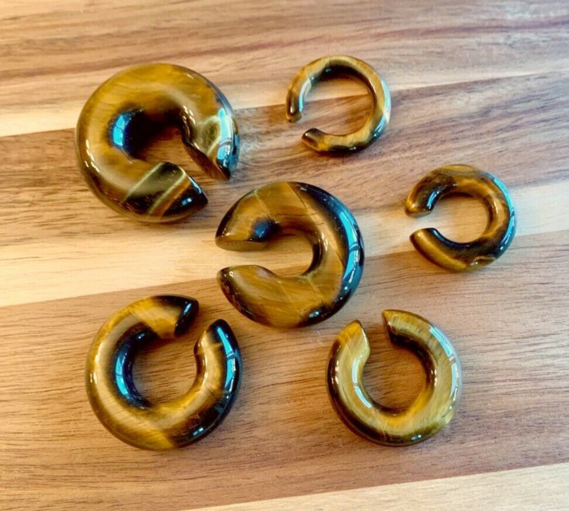 PAIR of Unique Organic Tiger Eye Stone Hoops Ear Weight Hanging Plugs - Gauges 2g (6mm) up to 5/8" (16mm) available!