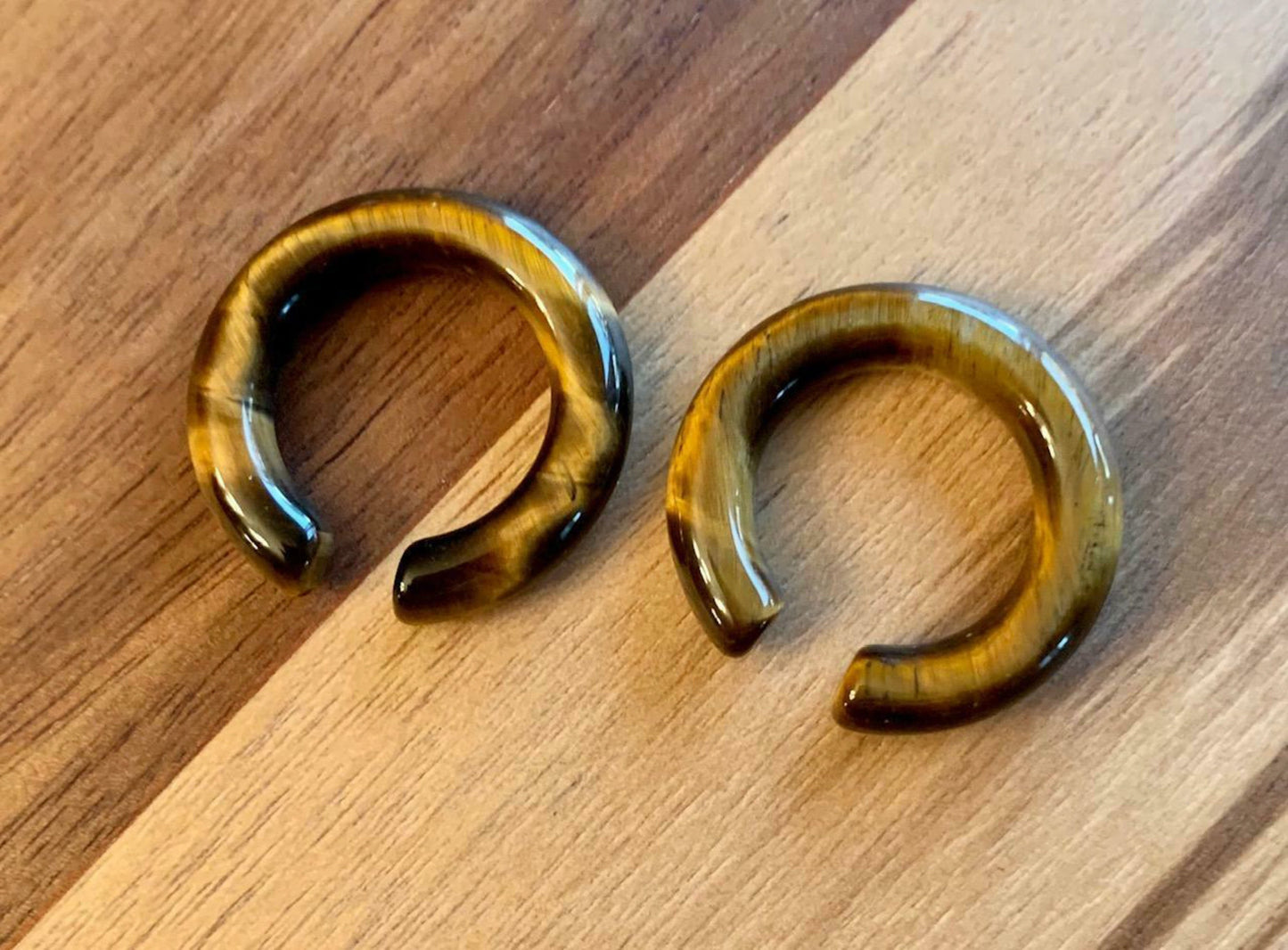 PAIR of Unique Organic Tiger Eye Stone Hoops Ear Weight Hanging Plugs - Gauges 2g (6mm) up to 5/8" (16mm) available!