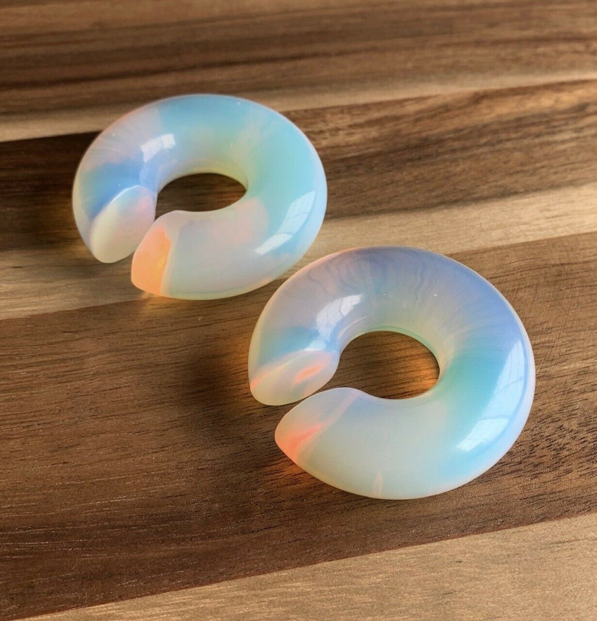 PAIR of Unique Opalite Stone Hoops Ear Weight Hanging Glass Plugs - Gauges 4g (5mm) up to 5/8" (16mm) available!