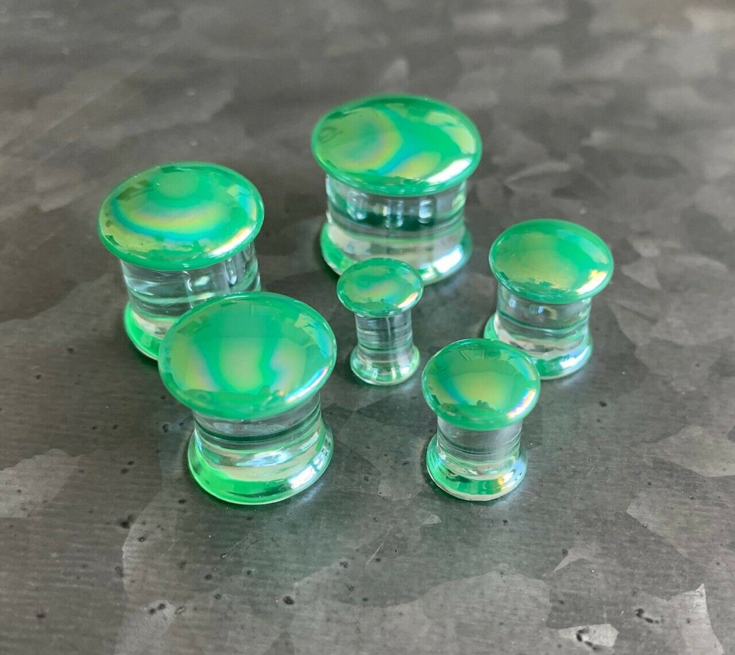 PAIR of Beautiful Green Pearl Design Pyrex Glass Double Flare Plugs - Gauges 2g (6mm) through 5/8" (16mm) available!