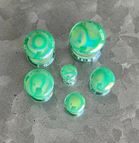 PAIR of Beautiful Green Pearl Design Pyrex Glass Double Flare Plugs - Gauges 2g (6mm) through 5/8" (16mm) available!