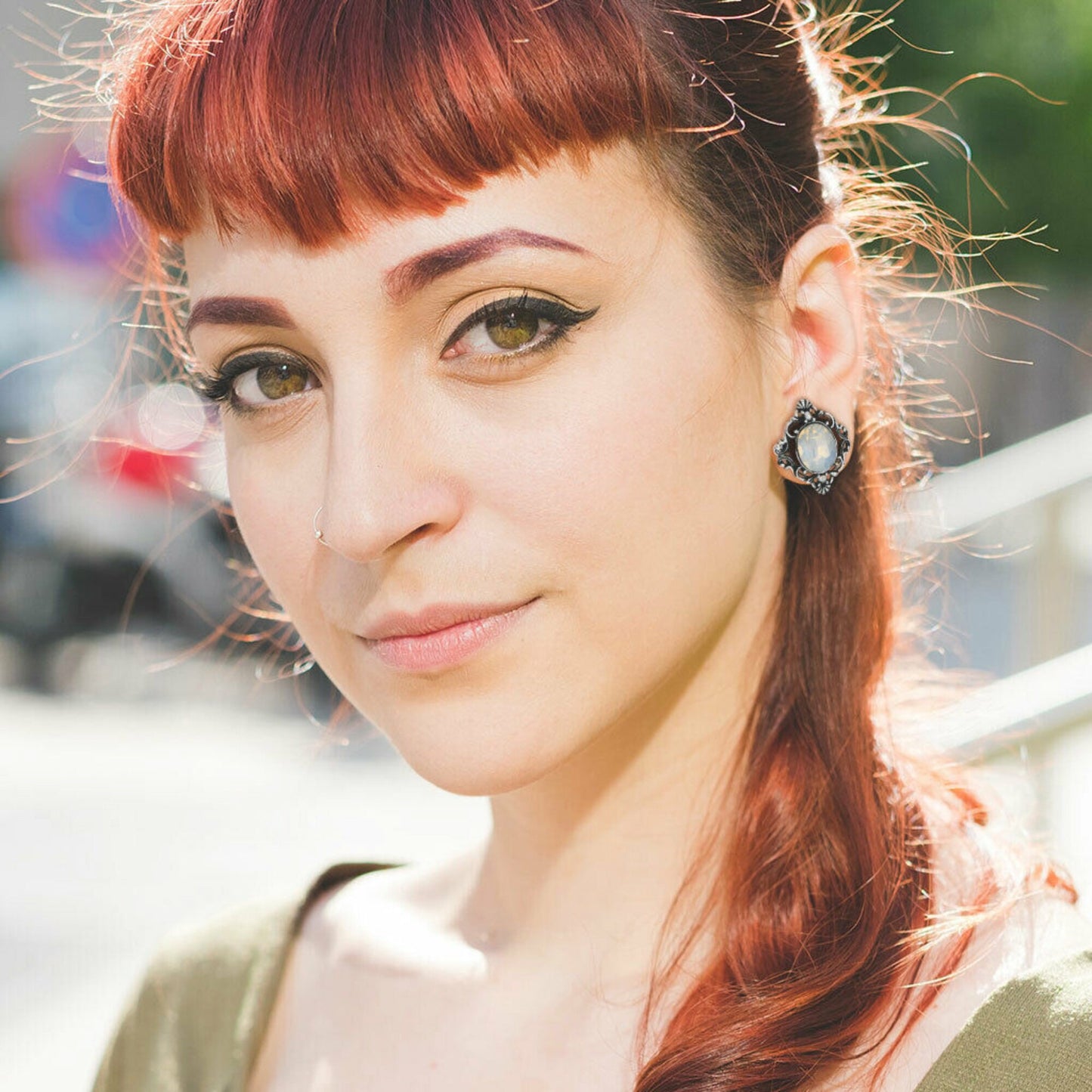 PAIR of Stunning Oval Opalite Stone Filigree Double Flare Steel Tunnels/Plugs - Gauges 2g (6mm) thru 5/8" (16mm) available!