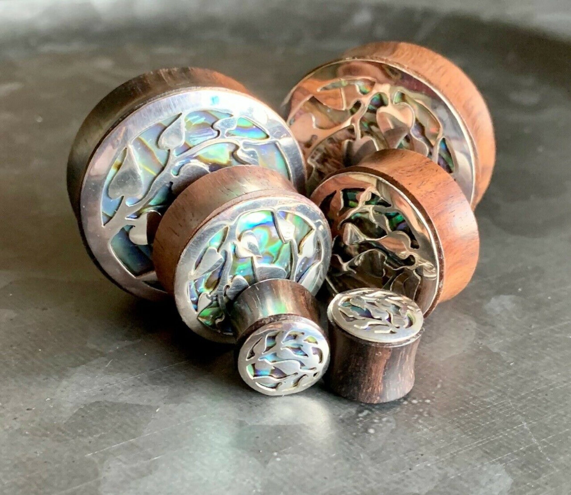 PAIR of Stunning Silver Leaves and Organic Abalone Shell Inlaid Sono Wood Saddle Plugs - Gauges 0000g (12mm) thru 1&3/8" (34mm) available!