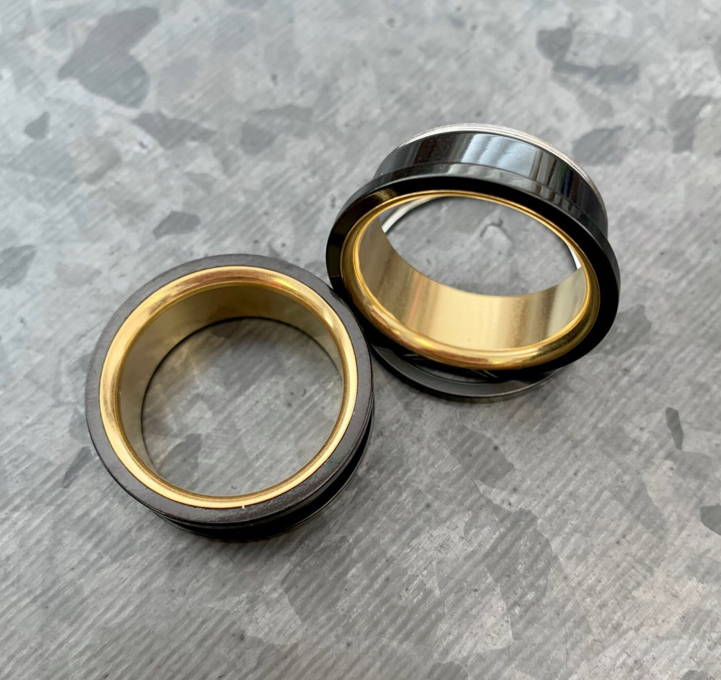 PAIR of Unique Black and Gold Interior Screw Fit Tunnels/Plugs - Gauges 2g (6mm) through 1" (25mm) available!