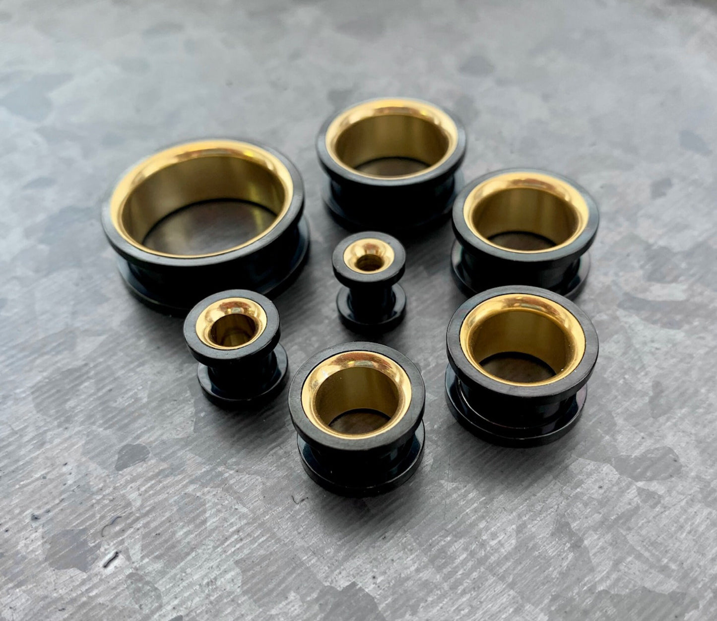 PAIR of Unique Black and Gold Interior Screw Fit Tunnels/Plugs - Gauges 2g (6mm) through 1" (25mm) available!