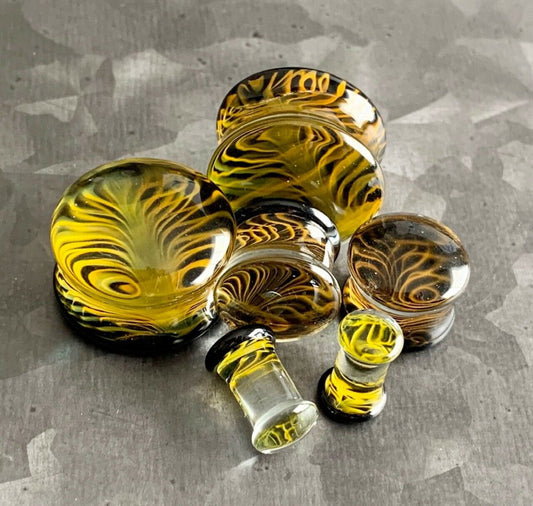 PAIR of Stunning Golden Black Design Pyrex Glass Double Flare Plugs - Gauges 2g (6mm) through 3/4" (19mm) available!