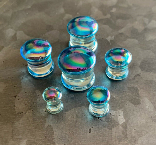 PAIR of Unique Light Blue Pearl Design Pyrex Glass Double Flare Plugs - Gauges 2g (6mm) through 5/8" (16mm) available!