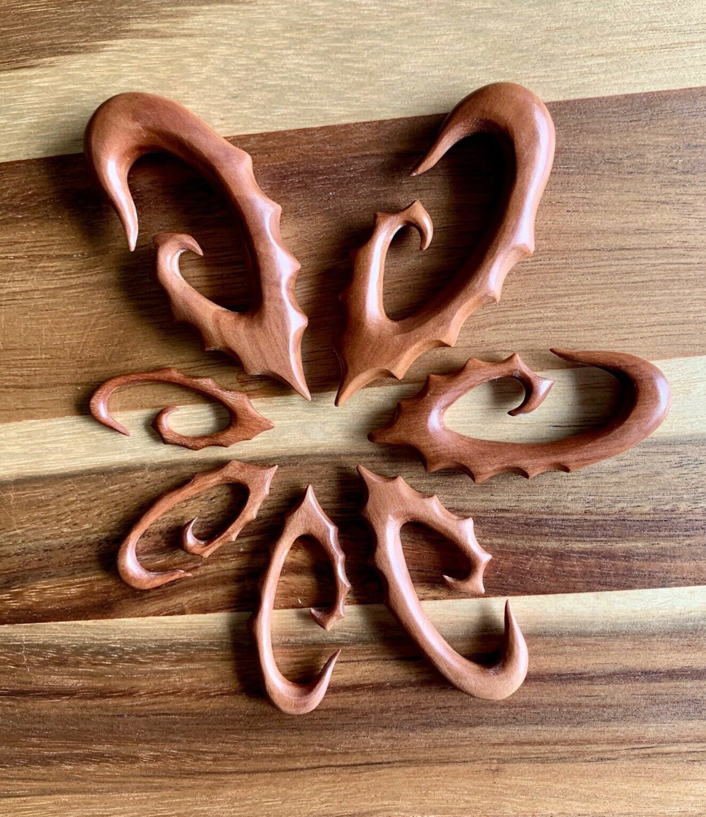 PAIR of Unique Organic Sawo Wood Spiral Tapers Hangers - Gauges 6g (4mm) up to 0000g (12mm) available!