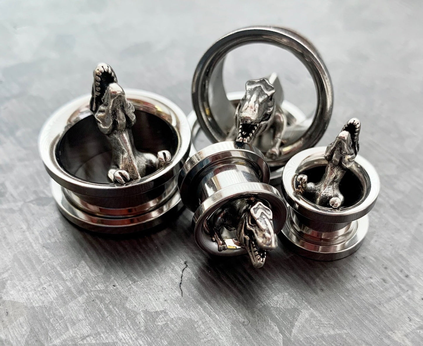 PAIR of Unique T-Rex Surgical Steel Screw Fit Tunnels/Plugs - Gauges 00g (10mm) up to 3/4" (19mm) available!