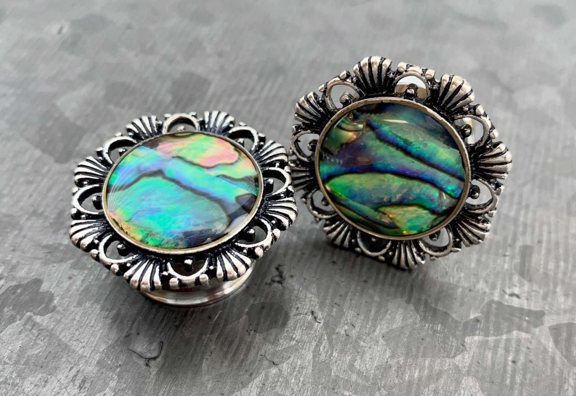 PAIR of Stunning Abalone Antique Silver Flower Double Flare Tunnels/Plugs - Gauges 2g (6mm) thru 5/8" (16mm) available!