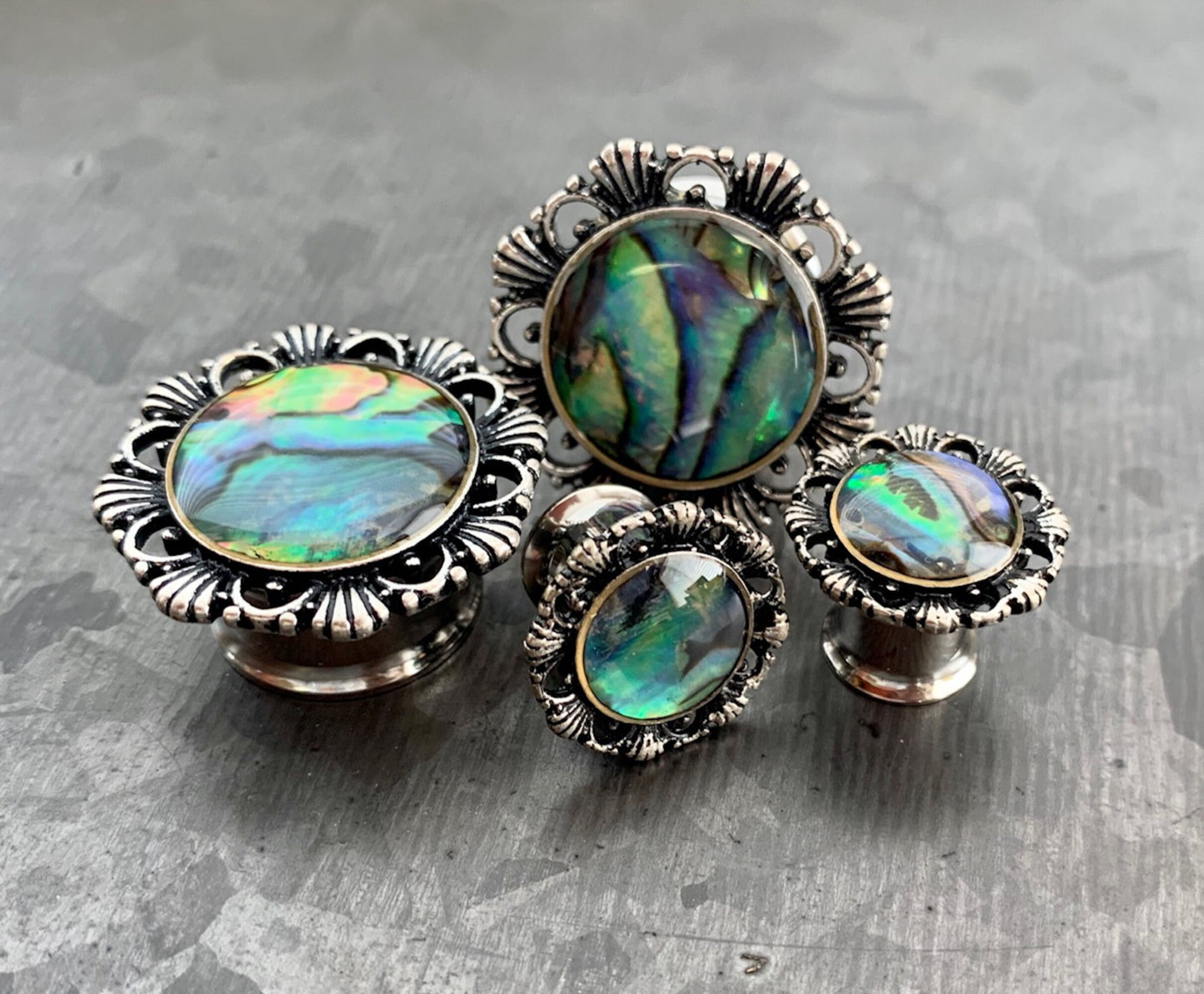 PAIR of Stunning Abalone Antique Silver Flower Double Flare Tunnels/Plugs - Gauges 2g (6mm) thru 5/8" (16mm) available!