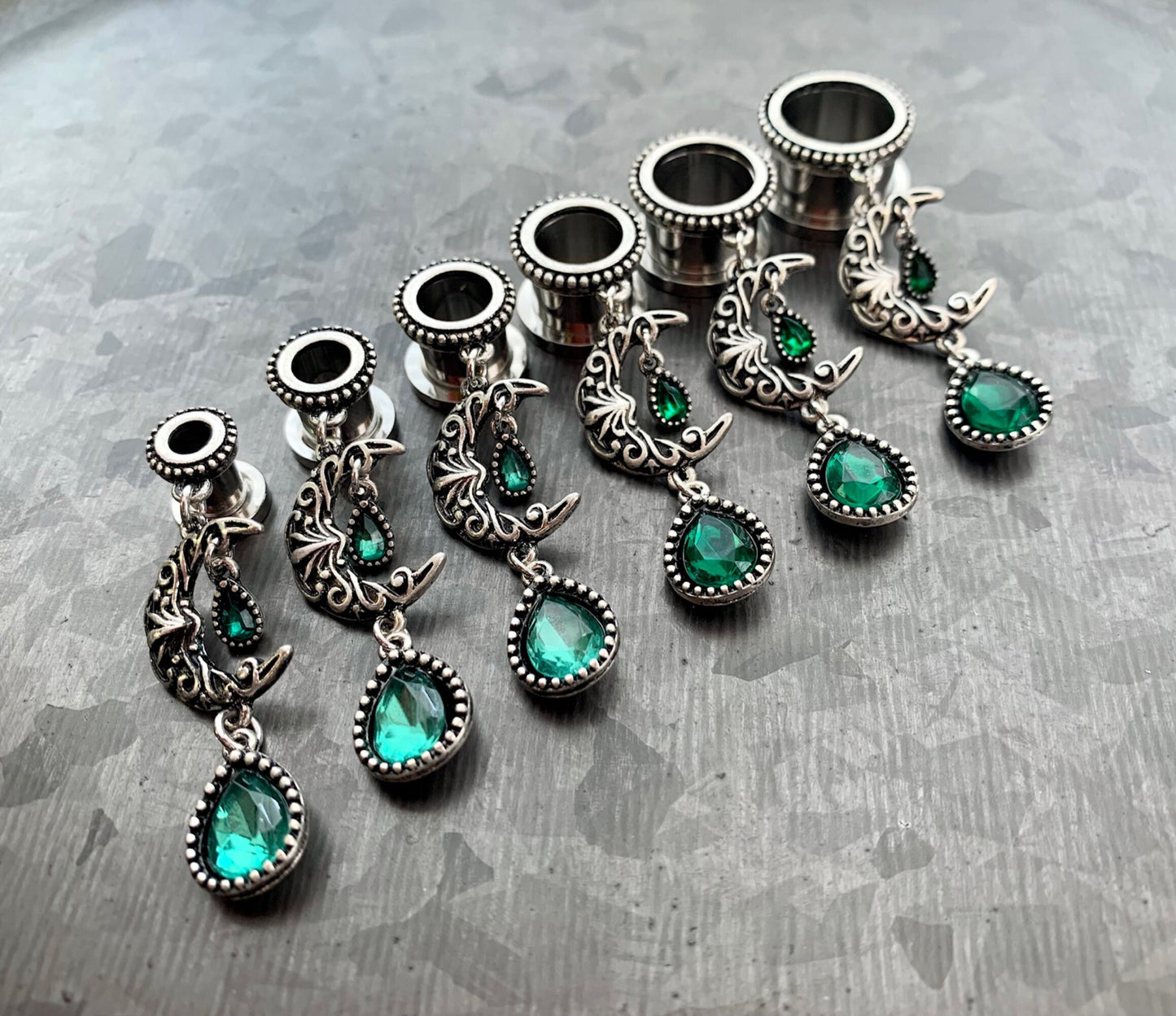 PAIR of Unique Emerald Green Stone Moon Dangle Screw Fit Tunnels/Plugs - Gauges 2g (6mm) thru 5/8" (16mm) available!