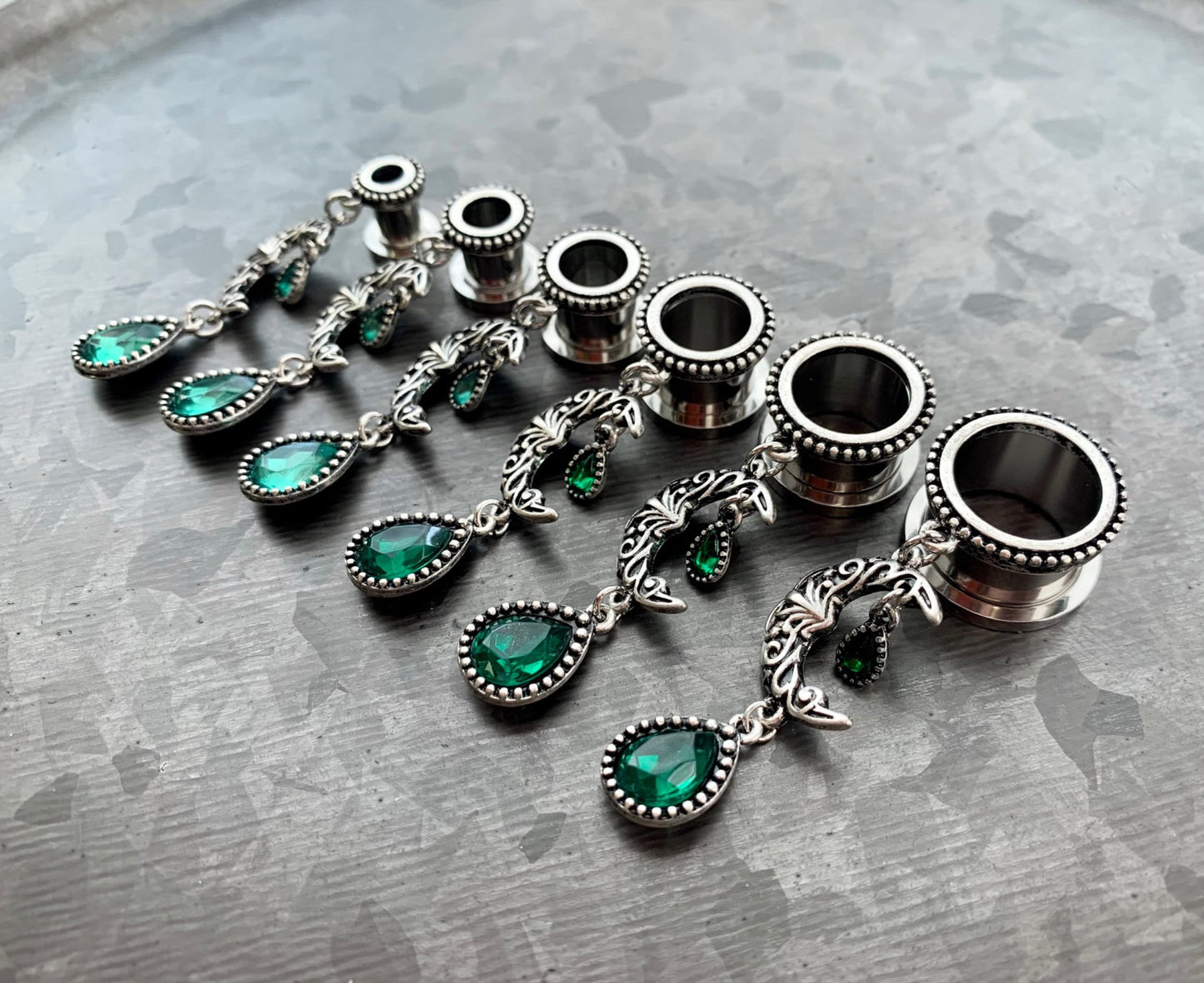 PAIR of Unique Emerald Green Stone Moon Dangle Screw Fit Tunnels/Plugs - Gauges 2g (6mm) thru 5/8" (16mm) available!