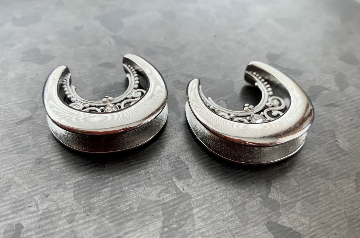 PAIR of Floral Filigree Saddle Surgical Steel Ear Spreaders with CZ Gem Hanger-Tunnels/Plugs - Gauges 00g (10mm) thru 1" (25mm) available!