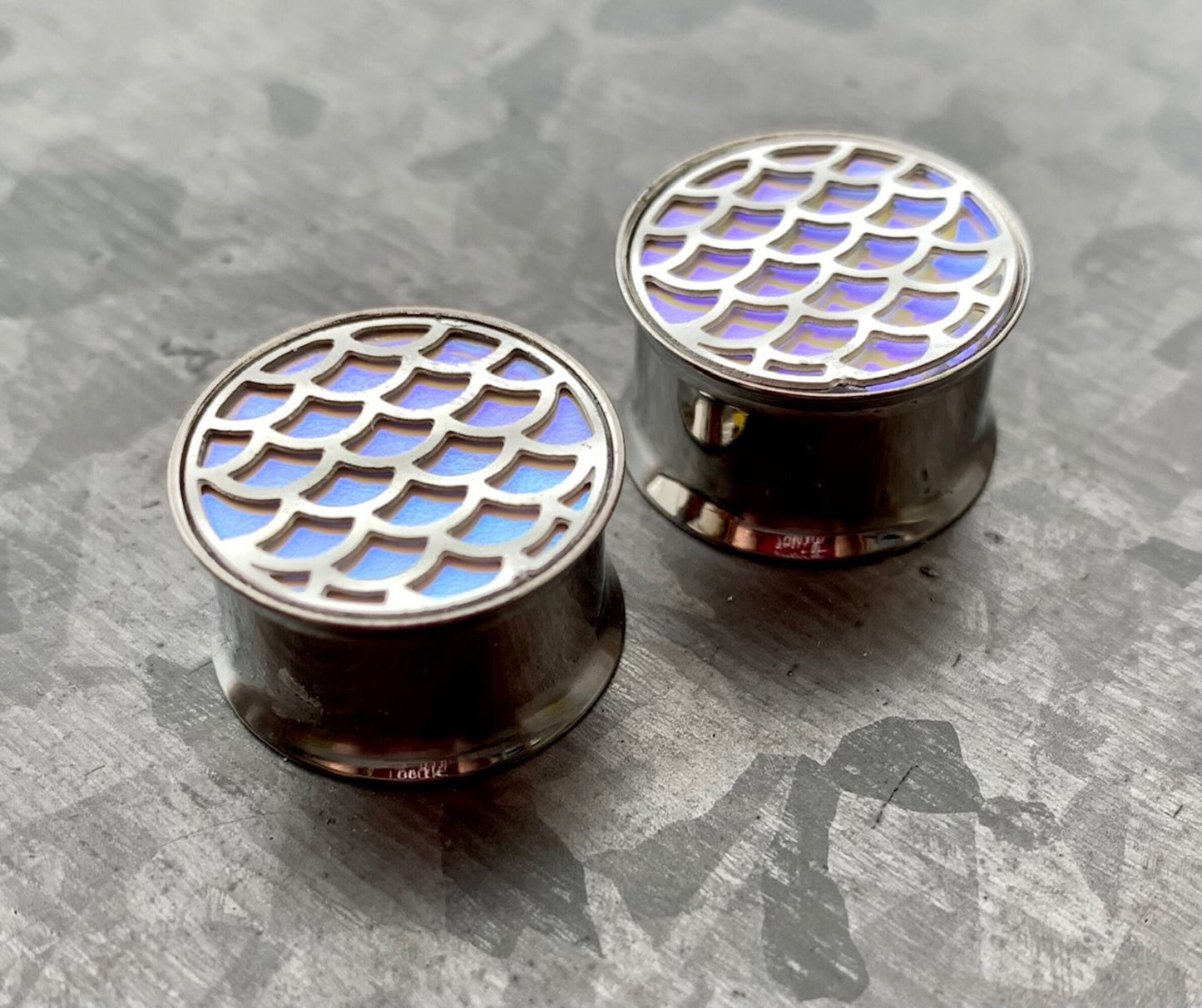 PAIR of Unique Hologram Fish Scale Stainless Steel Double Flare Tunnels/Plugs - Gauges 0g (8mm) through 5/8" (16mm) available!