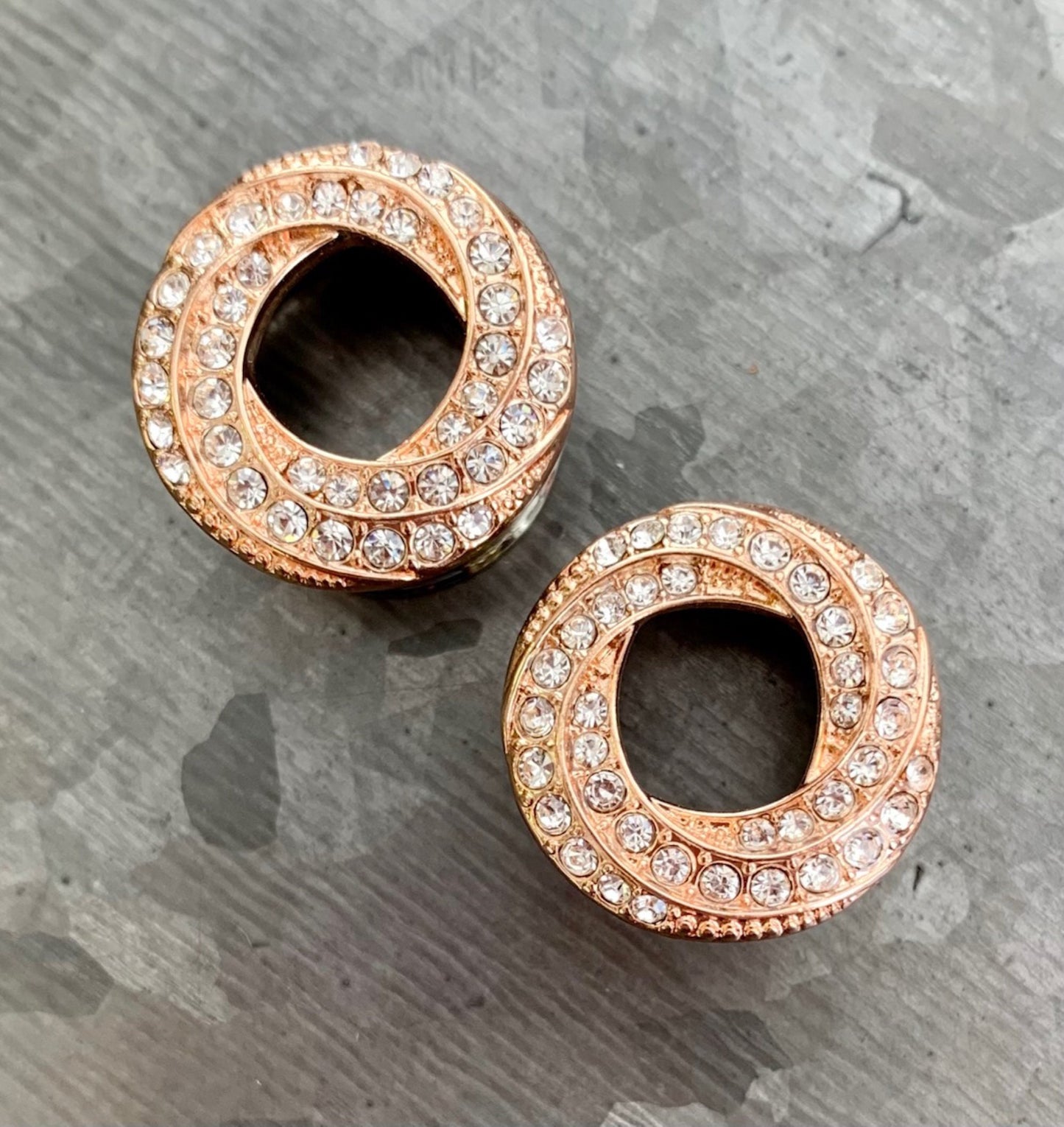 PAIR of Stunning Gem Paved Braided Swirl Double Flare Tunnels / Plugs - Silver, Gold or Rose Gold - 00g (10mm) thru 5/8"(16mm) available!