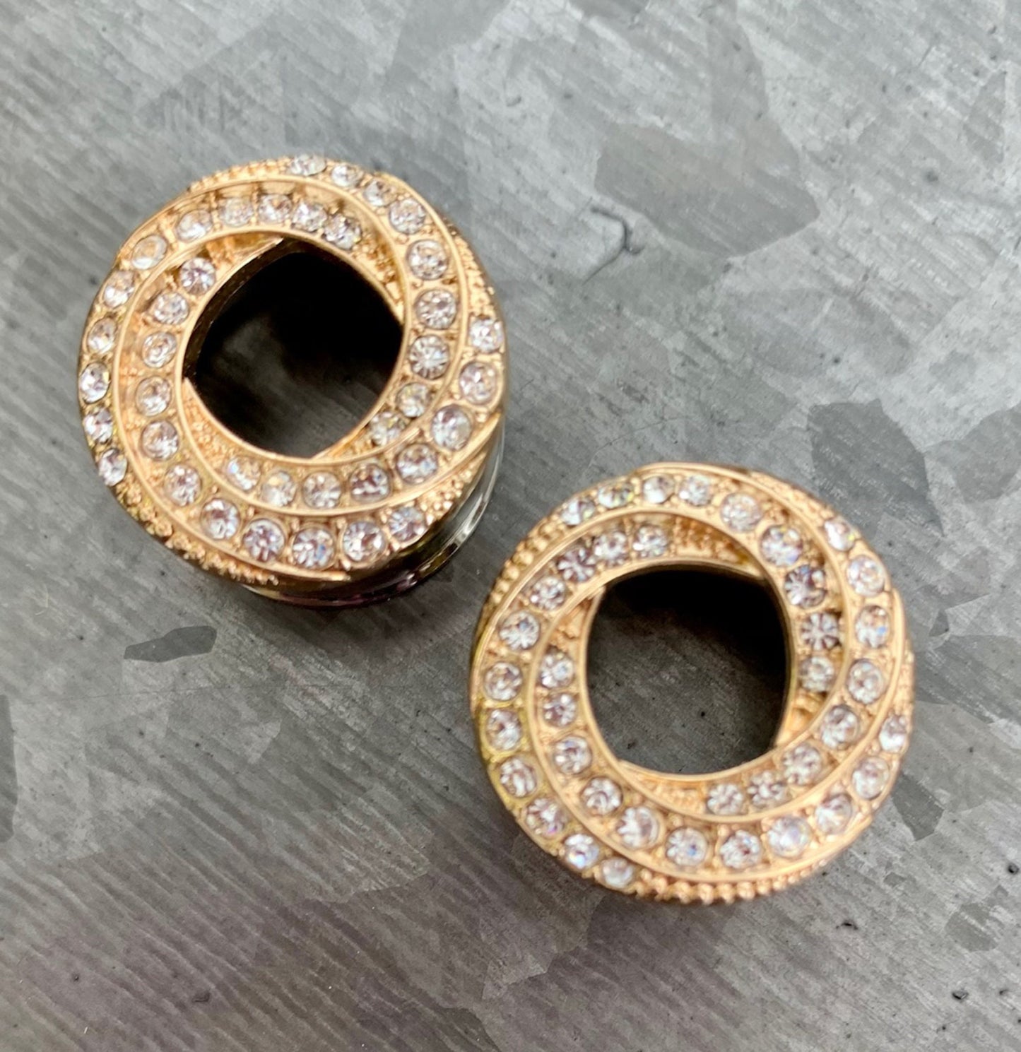 PAIR of Stunning Gem Paved Braided Swirl Double Flare Tunnels / Plugs - Silver, Gold or Rose Gold - 00g (10mm) thru 5/8"(16mm) available!