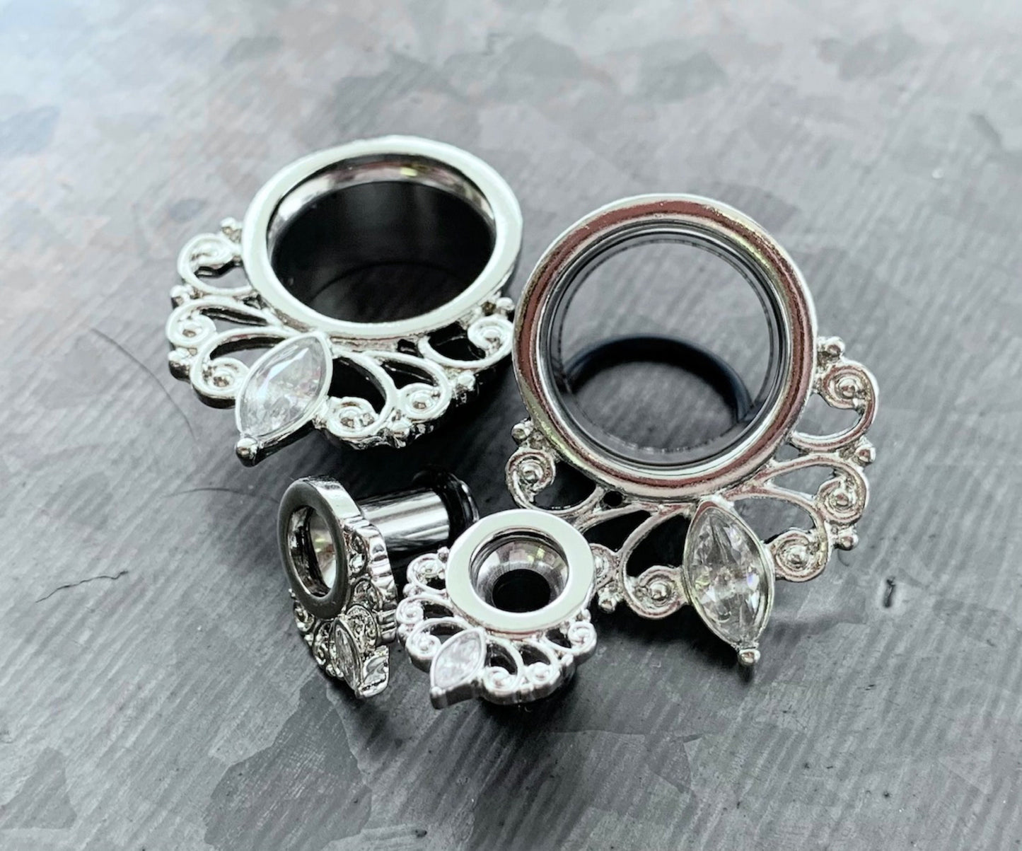 PAIR of Marquise Crystal Vintage Filigree Drop Single Flare Tunnels/Plugs - Gauges 4g (5mm) thru 16g (5/8") available & includes O-rings!