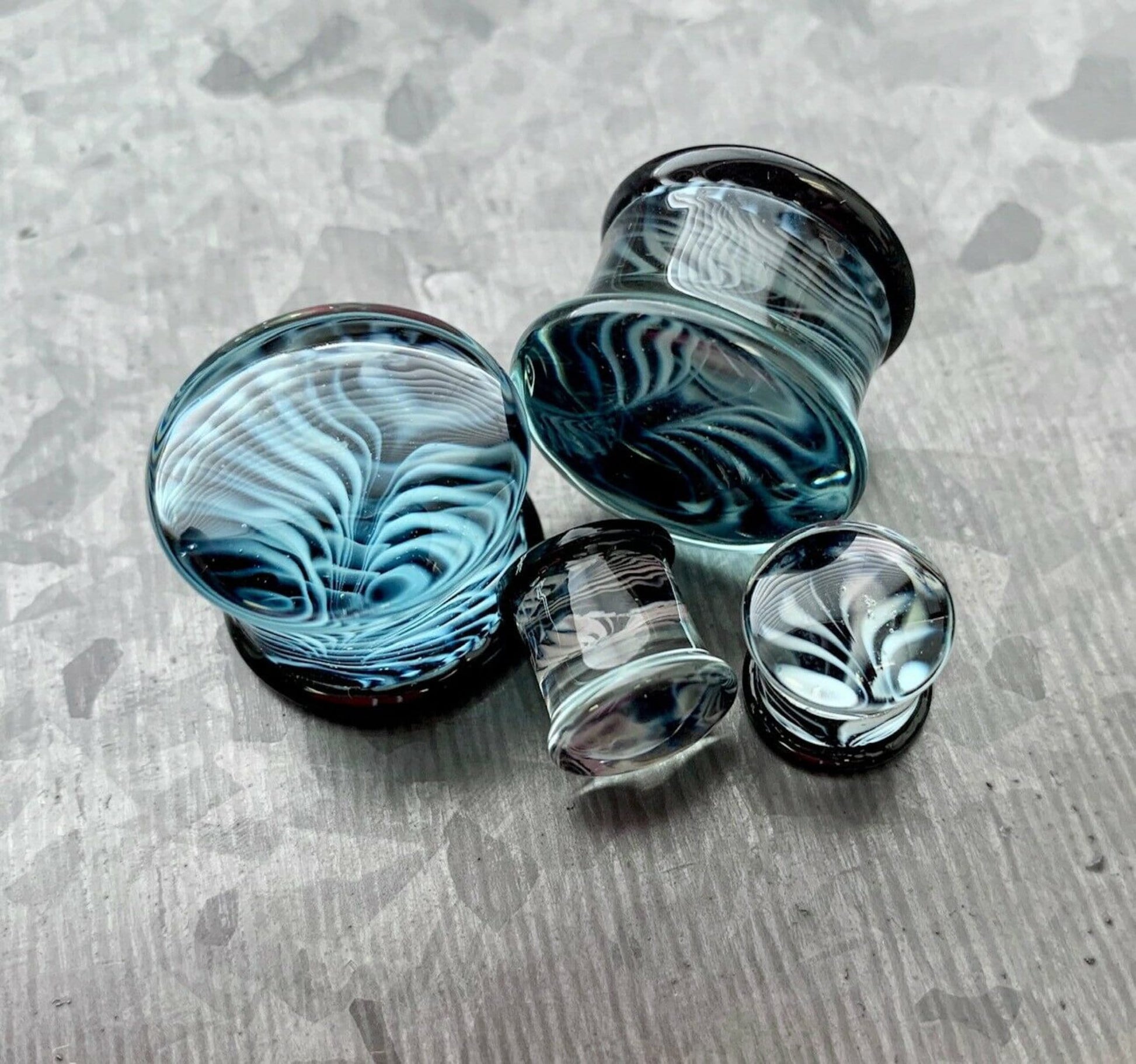 PAIR of Unique Black & White Design Pyrex Glass Double Flare Plugs - Gauges 2g (6mm) through 3/4" (19mm) available!19mm) available!