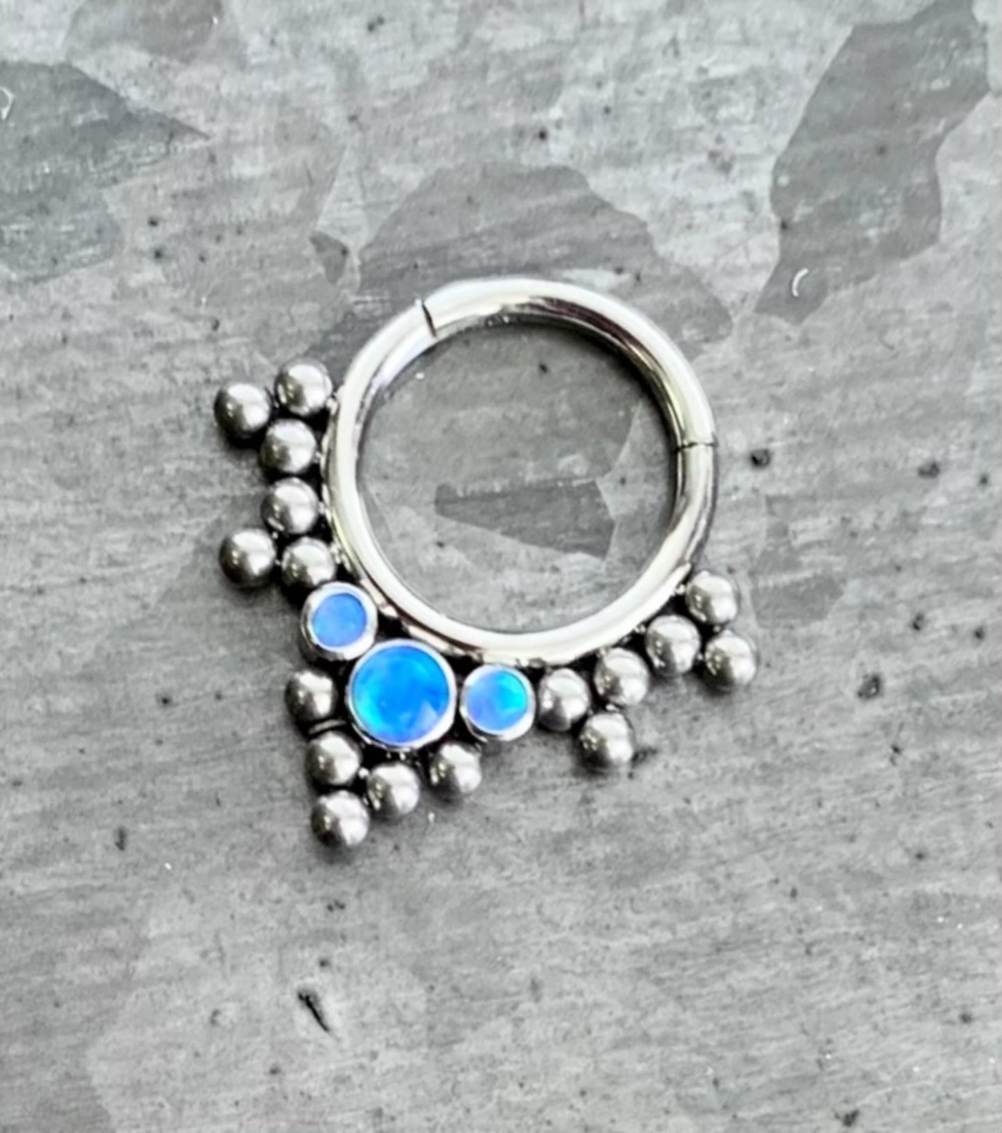 1pc Implant Grade Titanium 3 Bezel Set Opals with Beads Hinged Septum Ring, Blue or White - Gauge 16g - 5/16" (8mm) available!