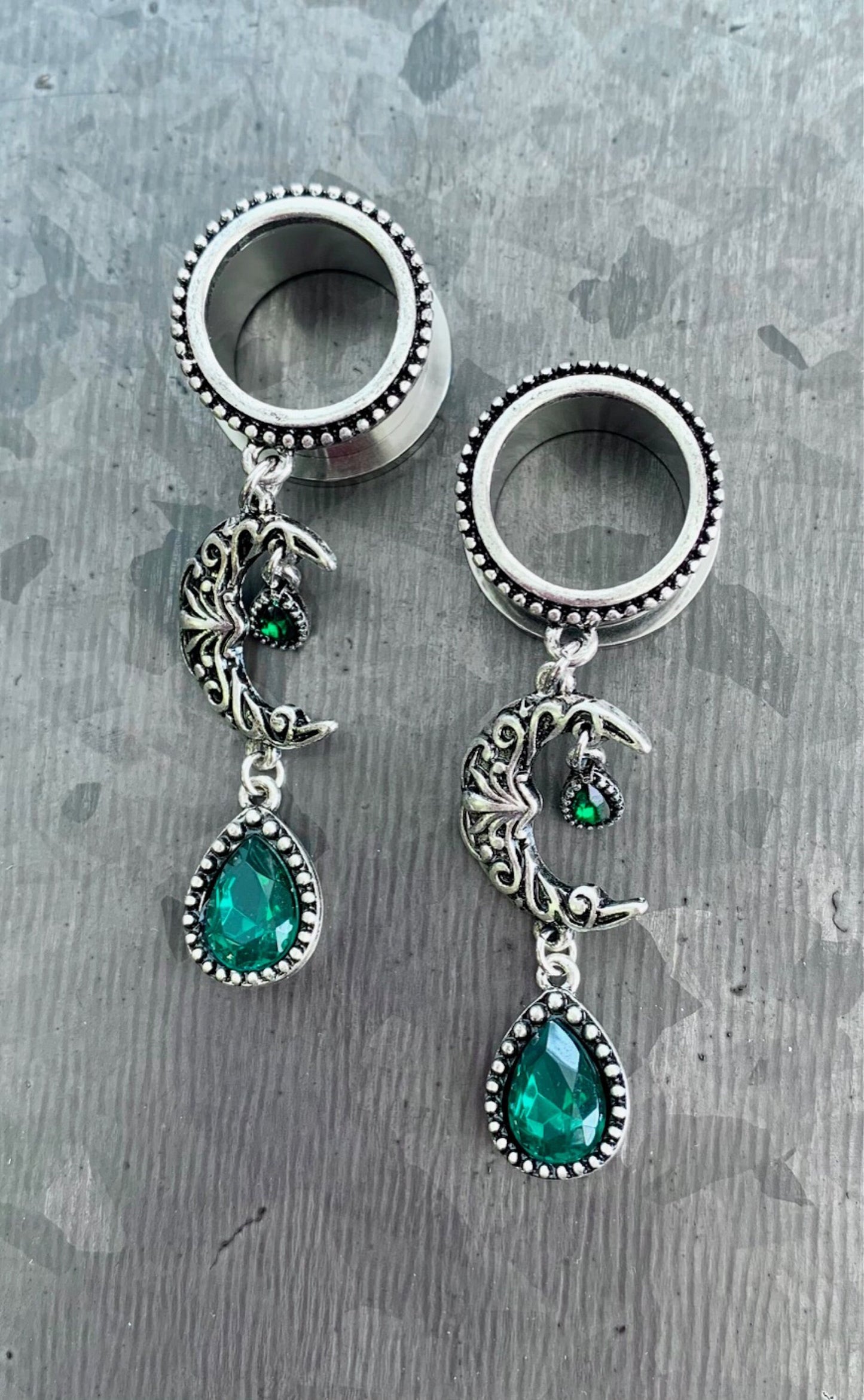 PAIR of Unique Emerald Green Stone Moon Dangle Screw Fit Tunnels/Plugs - Gauges 2g (6mm) thru 5/8" (16mm) available!