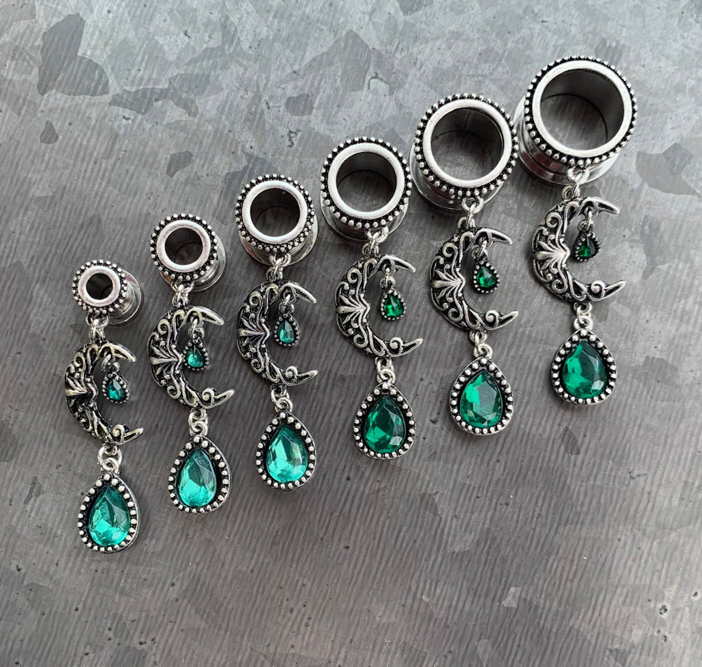 PAIR of Unique Emerald Green Stone Moon Dangle Screw Fit Tunnels/Plugs - Gauges 2g (6mm) thru 5/8" (16mm) available!