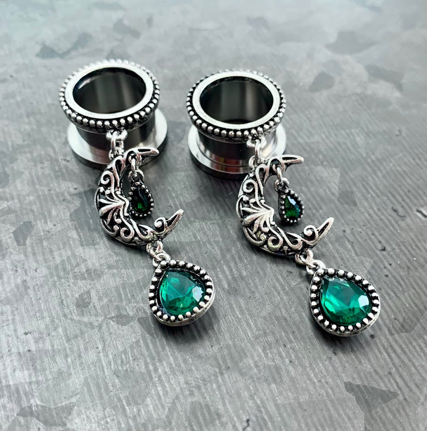 PAIR of Unique Emerald Green Stone Moon Dangle Screw Fit Tunnels/Plugs - Gauges 2g (6mm) thru 5/8" (16mm) available!