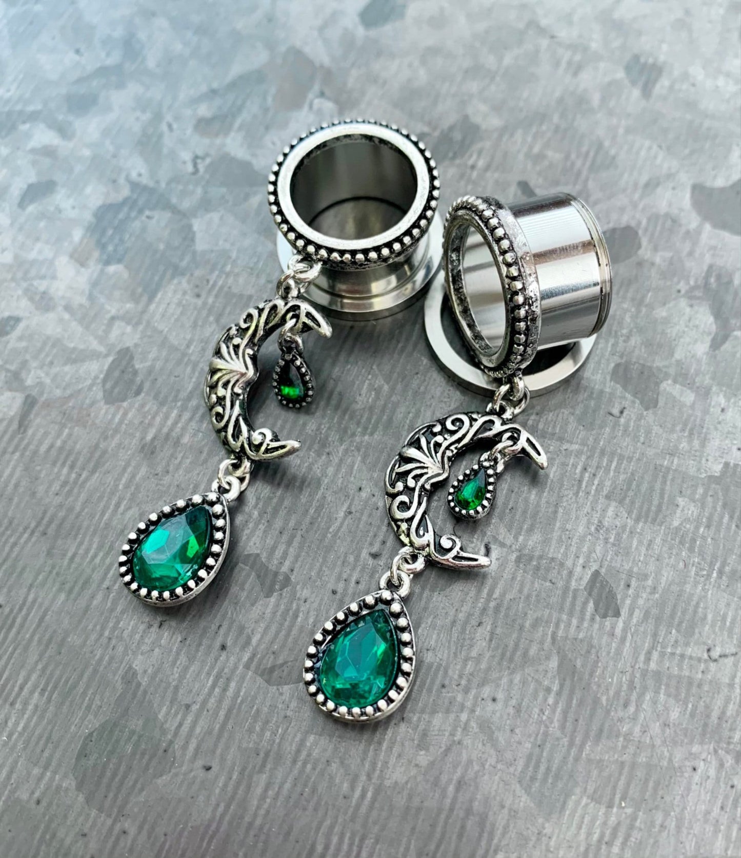 PAIR of Unique Emerald Green Stone Moon Dangle Screw Fit Tunnels/Plugs - Gauges 2g (6mm) thru 5/8" (16mm) available!