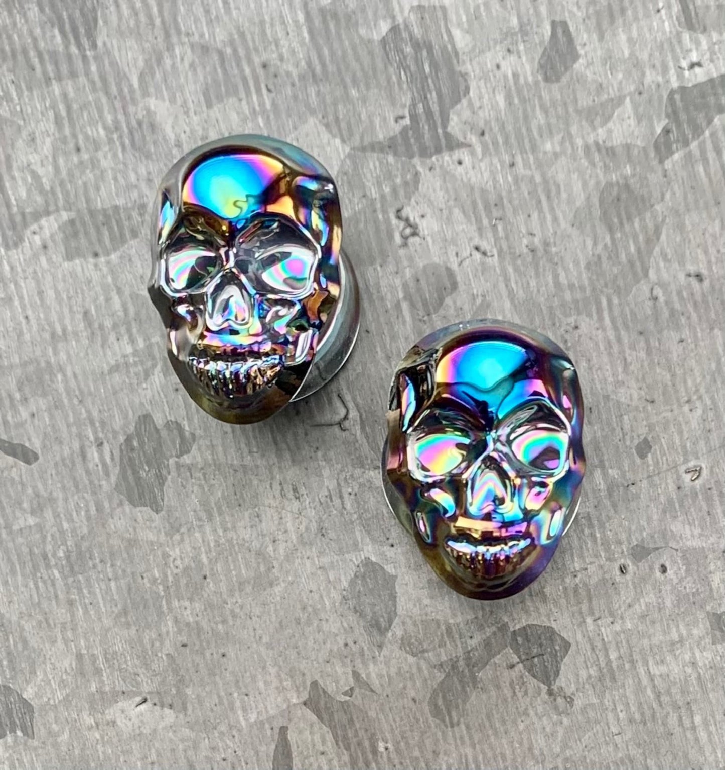 PAIR of Unique Skull Pyrex Glass Double Flare Plugs/Tunnels - Gauges 2g (6mm) through 5/8" (16mm) available - Choose multi-color or black!