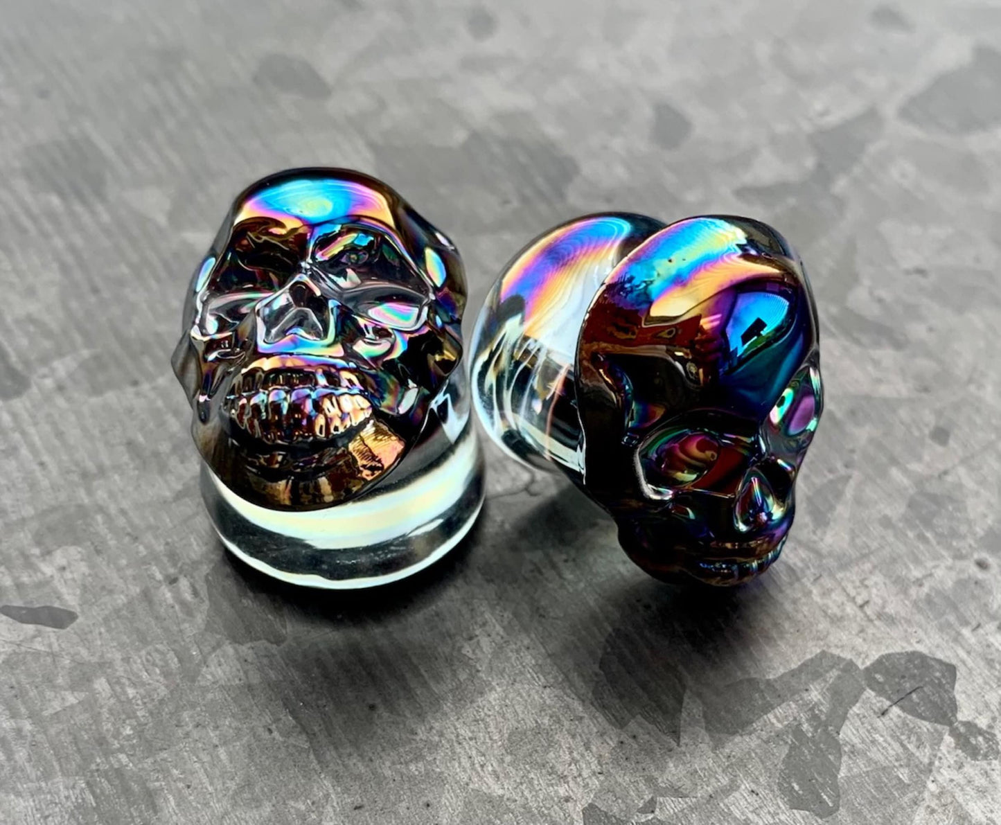 PAIR of Unique Skull Pyrex Glass Double Flare Plugs/Tunnels - Gauges 2g (6mm) through 5/8" (16mm) available - Choose multi-color or black!