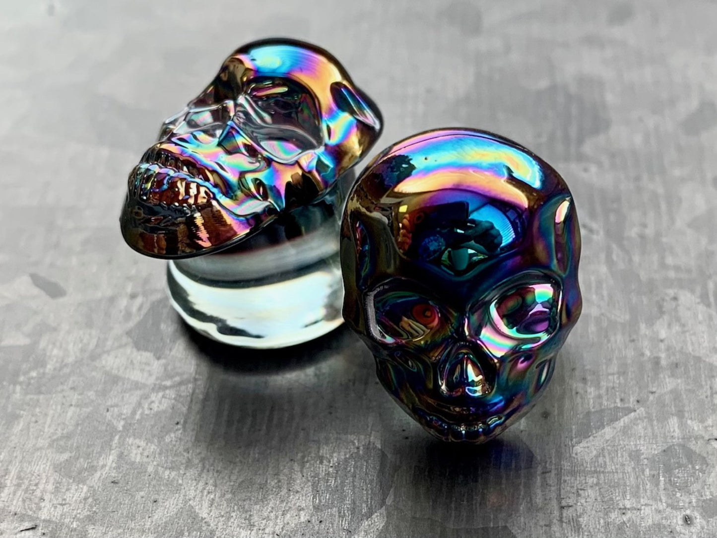 PAIR of Unique Skull Pyrex Glass Double Flare Plugs/Tunnels - Gauges 2g (6mm) through 5/8" (16mm) available - Choose multi-color or black!