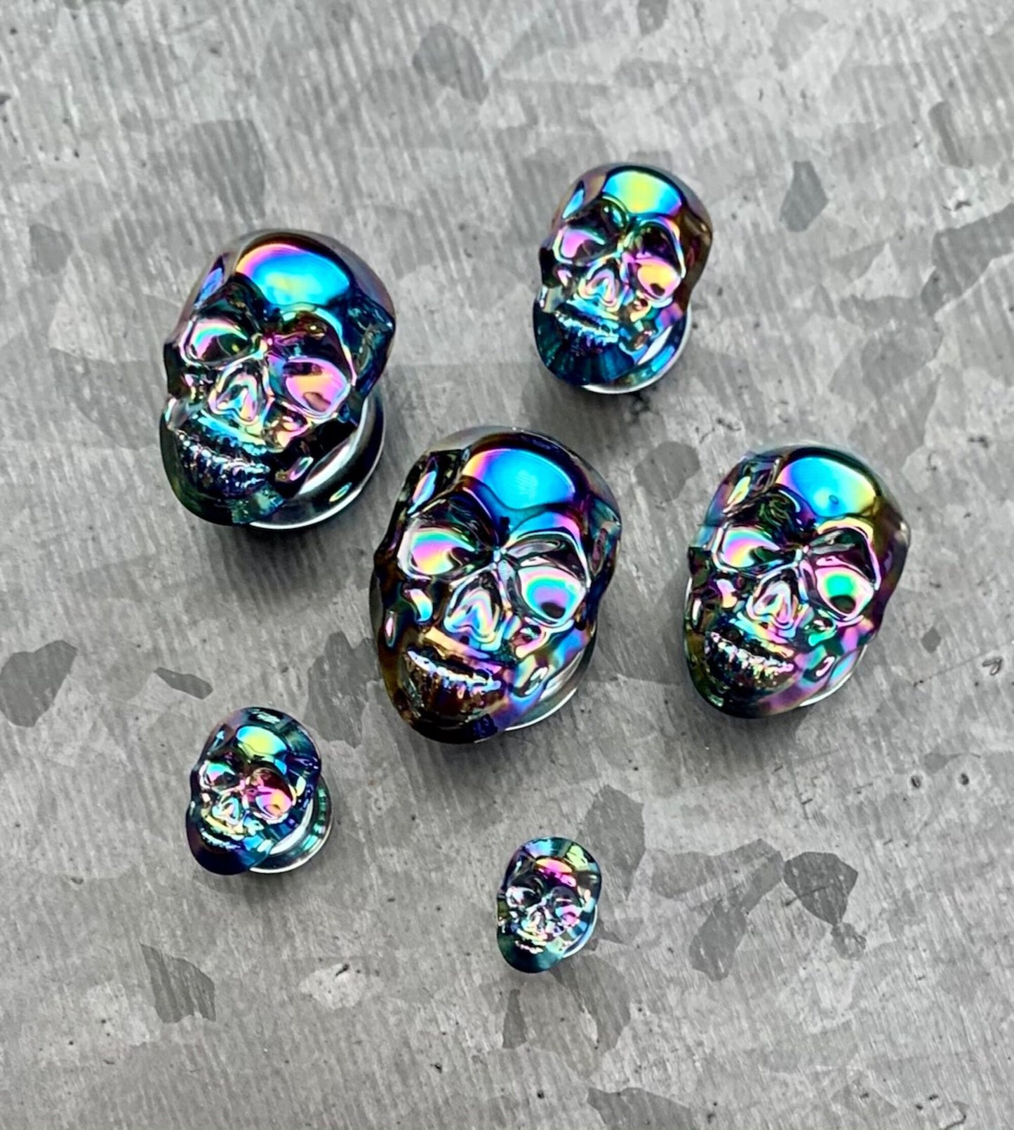 PAIR of Unique Skull Pyrex Glass Double Flare Plugs/Tunnels - Gauges 2g (6mm) through 5/8" (16mm) available - Choose multi-color or black!