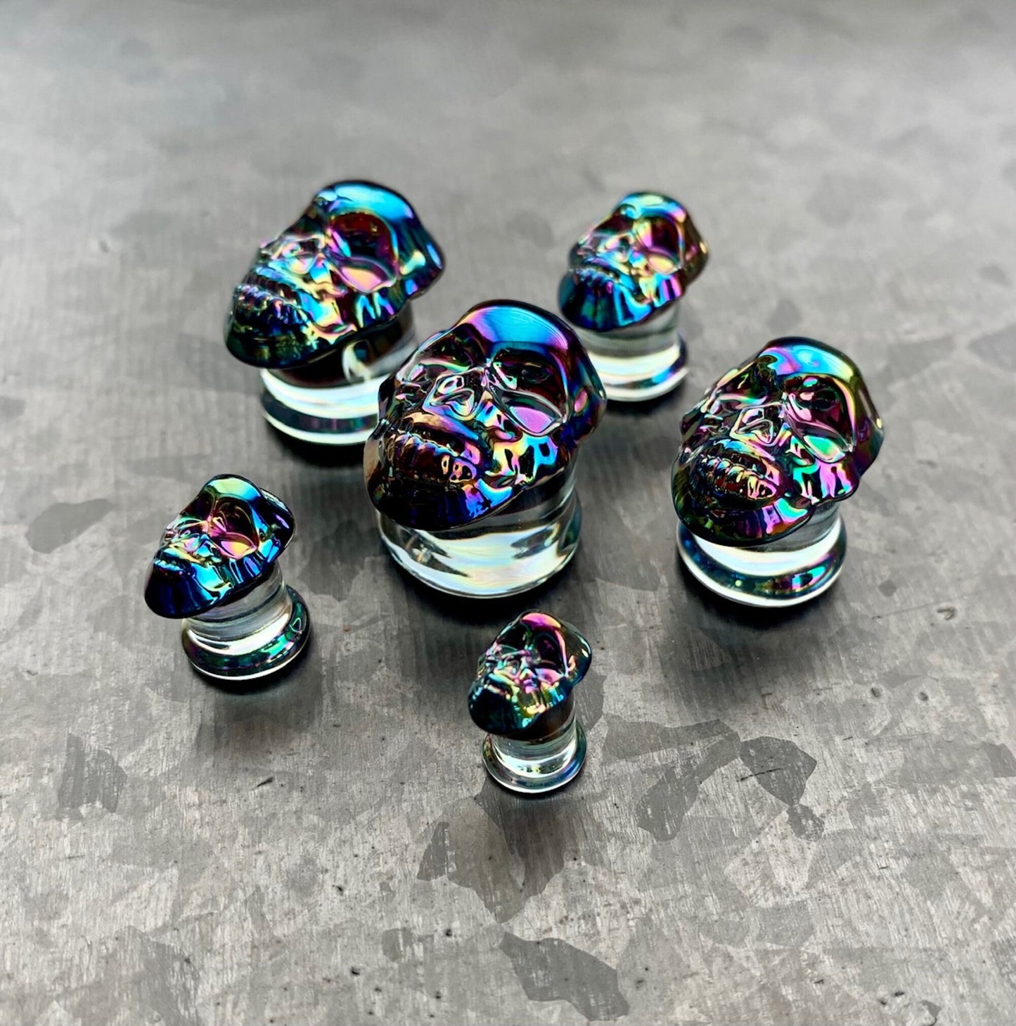 PAIR of Unique Skull Pyrex Glass Double Flare Plugs/Tunnels - Gauges 2g (6mm) through 5/8" (16mm) available - Choose multi-color or black!